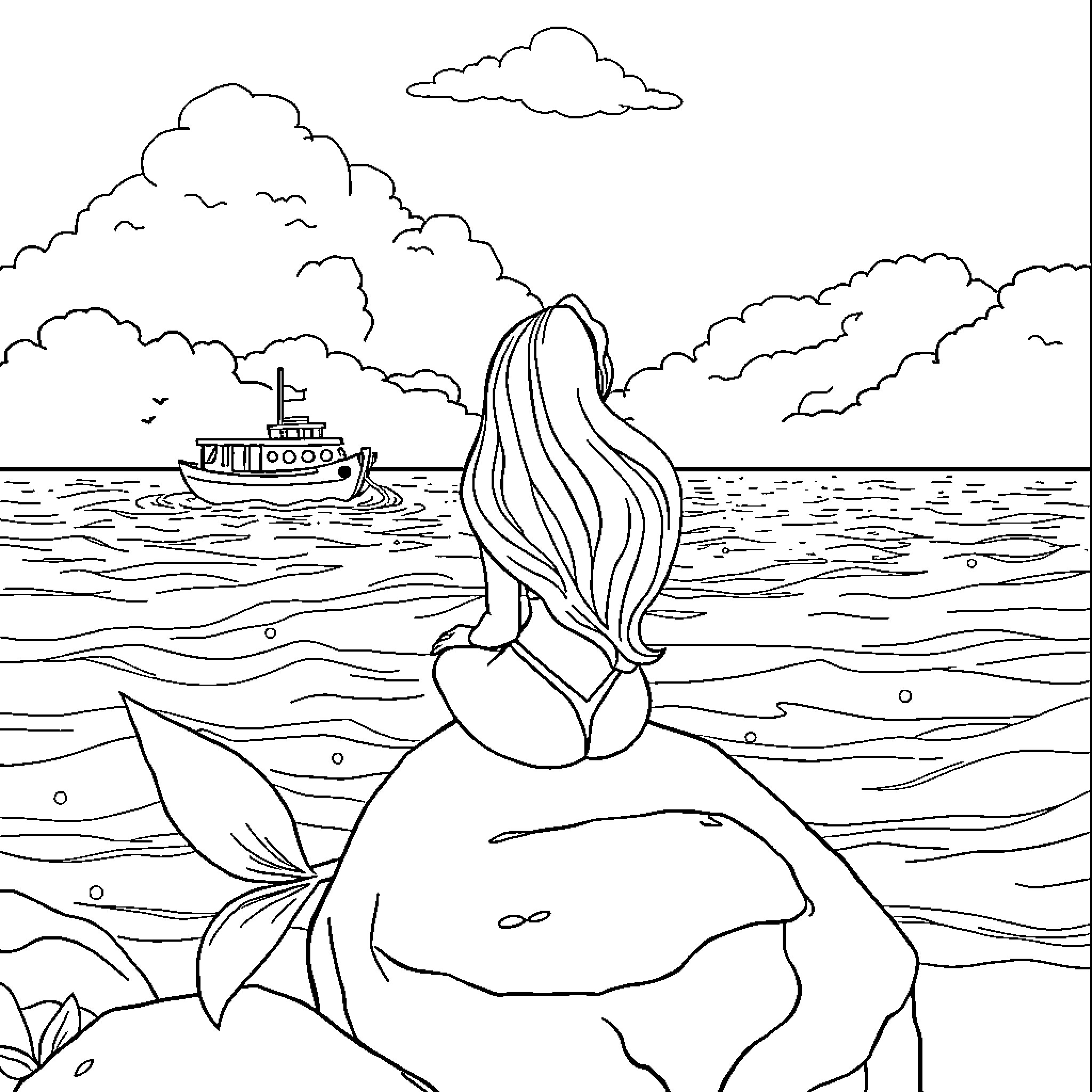 Ariel sitting on a rock, gazing at the ship Coloring Page (free black-and-white line drawing printable PDF for all, from beginners to advanced learners, including children, teens, adults, and seniors)