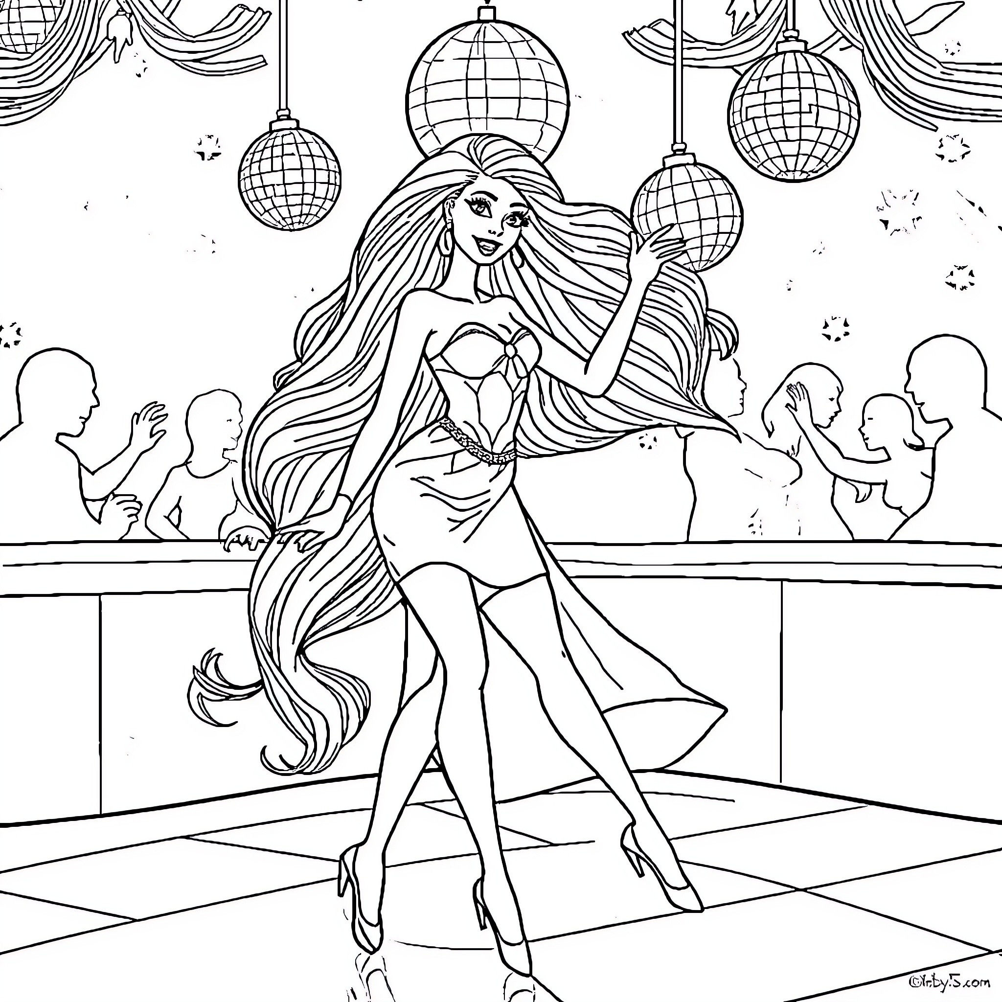 Barbie dancing on the disco floor Coloring Page (free black-and-white line drawing printable PDF for all, from beginners to advanced learners, including children, teens, adults, and seniors)