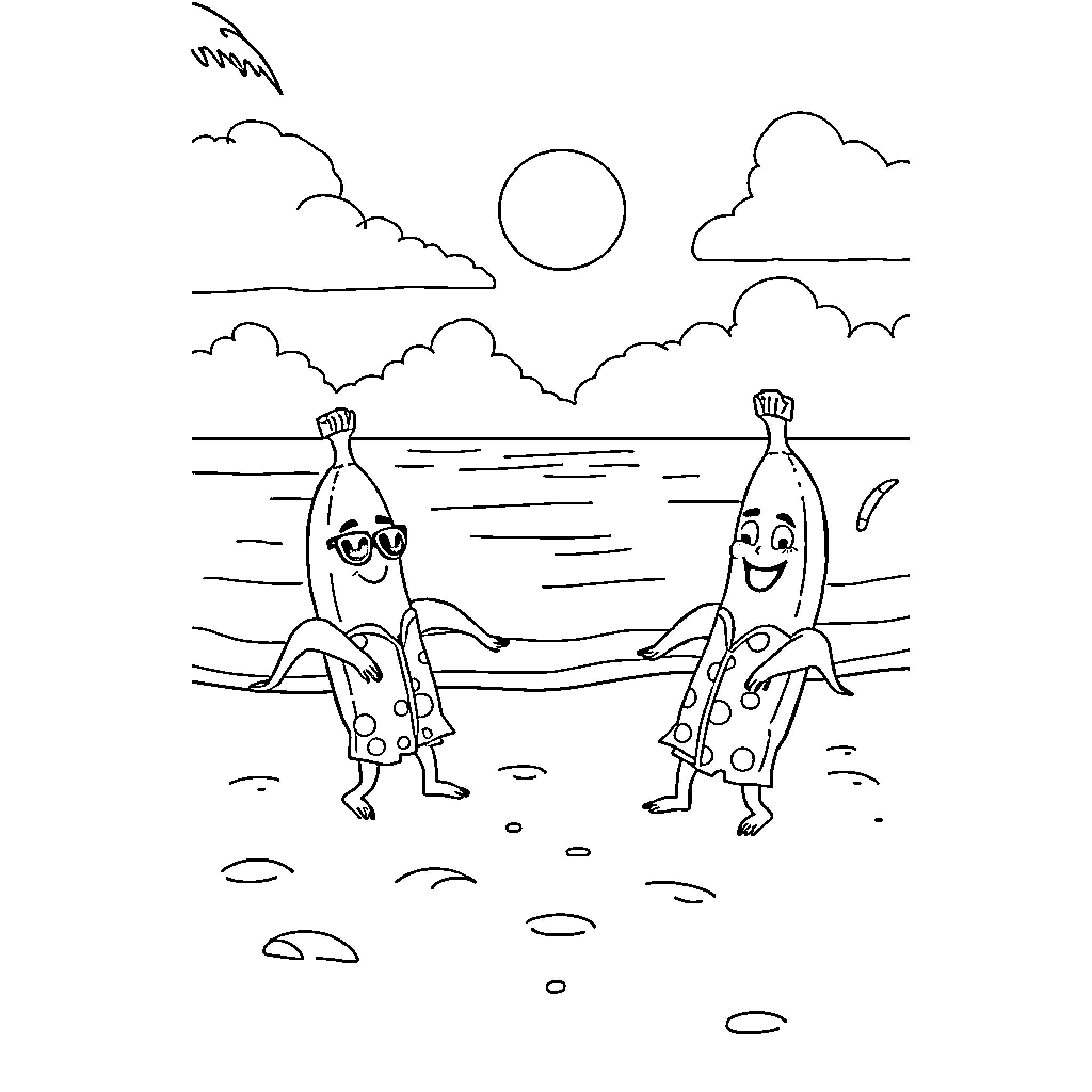 Banana friends enjoying a day at the beach Coloring Page (free black-and-white line drawing printable PDF for all, from beginners to advanced learners, including children, teens, adults, and seniors)