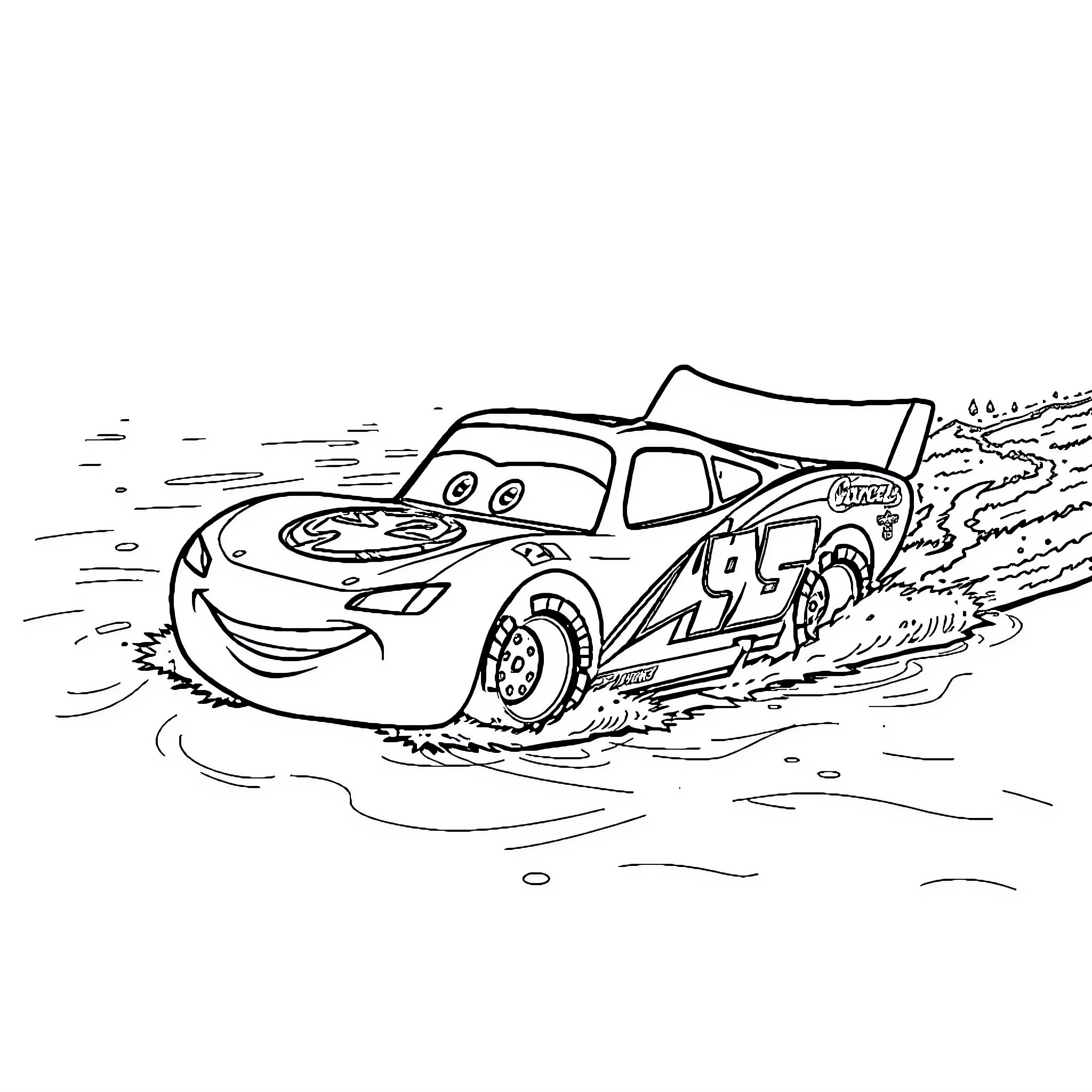 Lightning McQueen racing through the mud Coloring Page (free black-and-white line drawing printable PDF for all, from beginners to advanced learners, including children, teens, adults, and seniors)