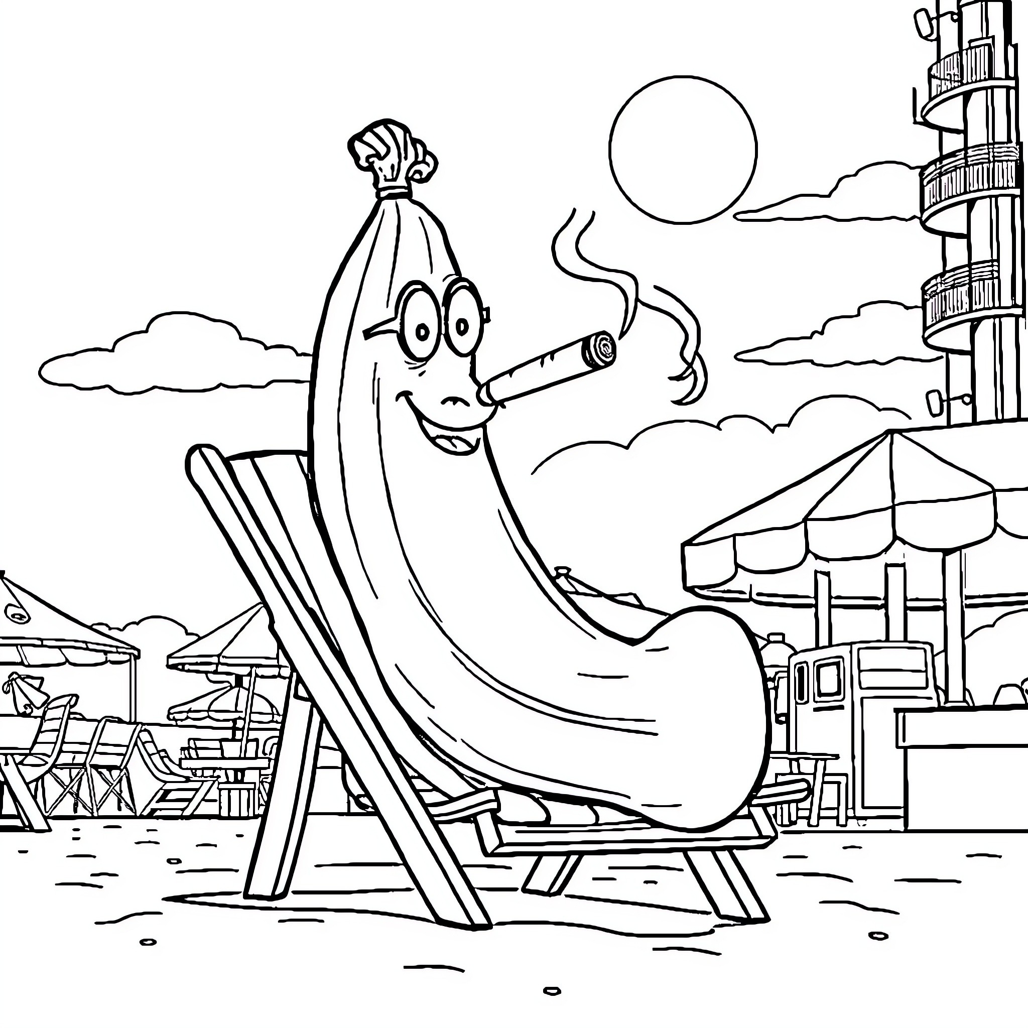 Banana relaxing on a beach chair Coloring Page (free black-and-white line drawing printable PDF for all, from beginners to advanced learners, including children, teens, adults, and seniors)