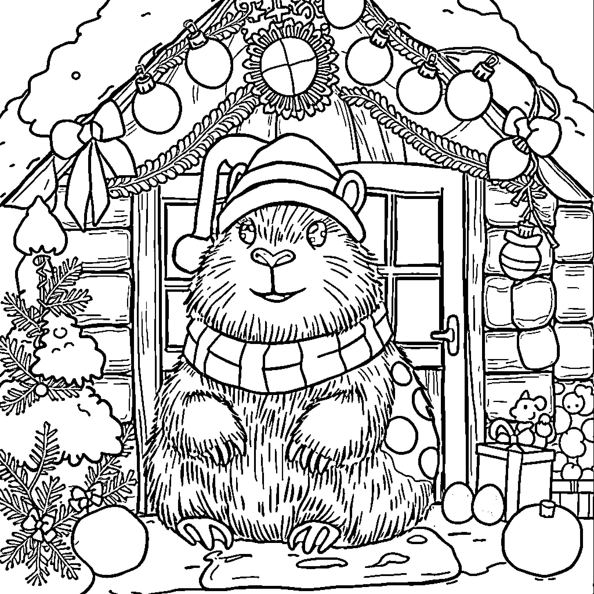 Capybara enjoying winter wonderland scene Coloring Page (free black-and-white line drawing printable PDF for all, from beginners to advanced learners, including children, teens, adults, and seniors)