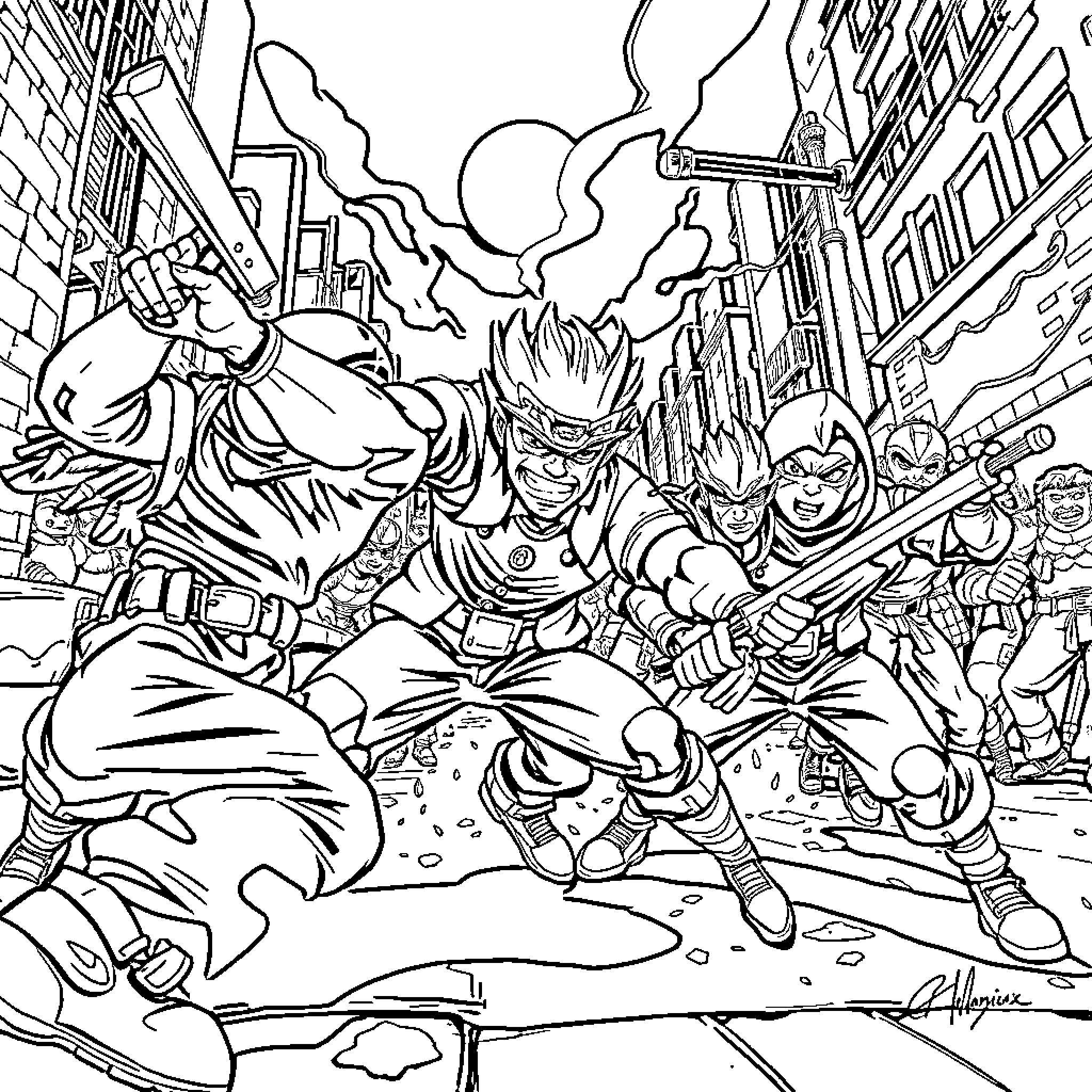Huntrix: Heroic Action in the City Streets Coloring Page (free black-and-white line drawing printable PDF for all, from beginners to advanced learners, including children, teens, adults, and seniors)