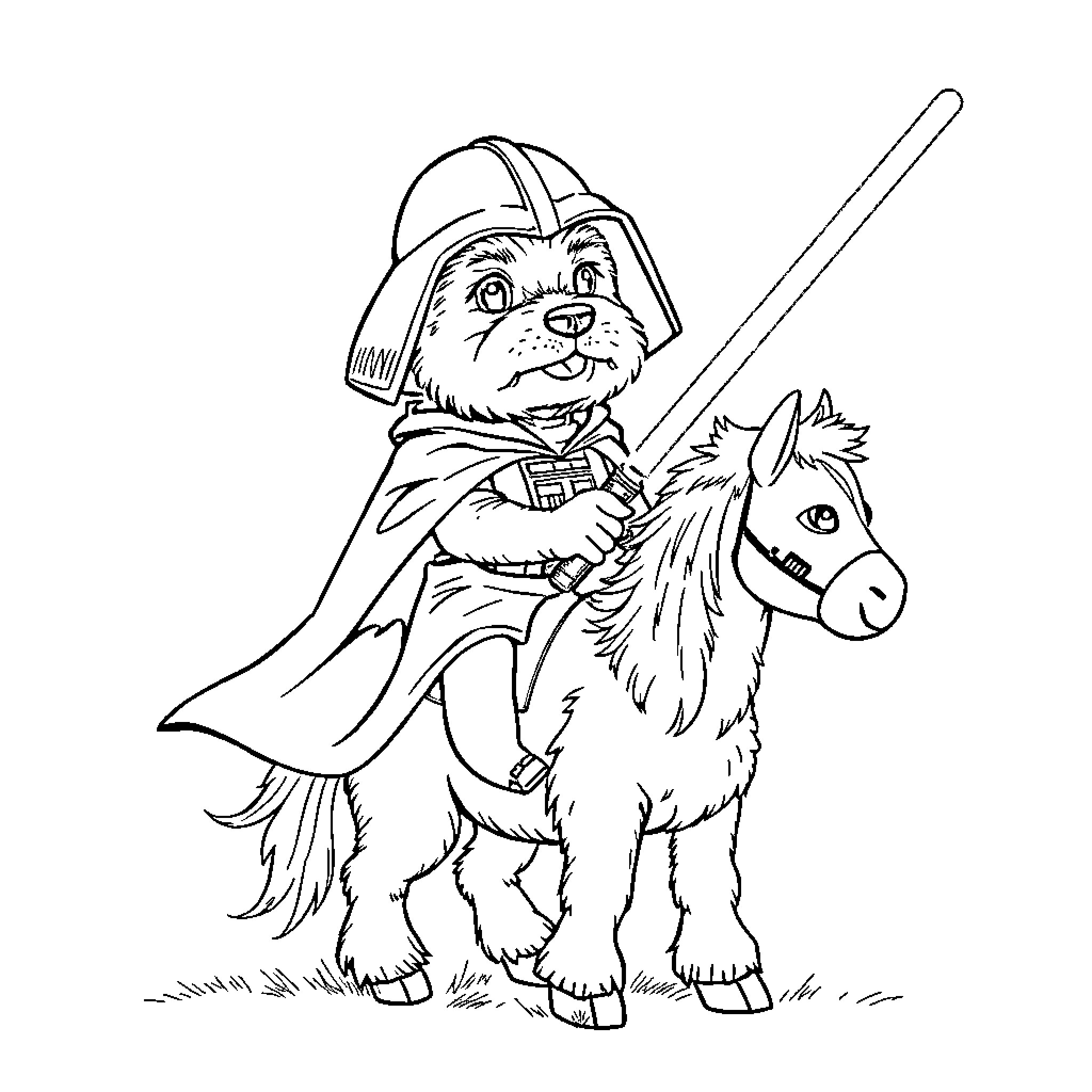 Dog dressed as Jedi knight riding a horse Coloring Page (free black-and-white line drawing printable PDF for all, from beginners to advanced learners, including children, teens, adults, and seniors)