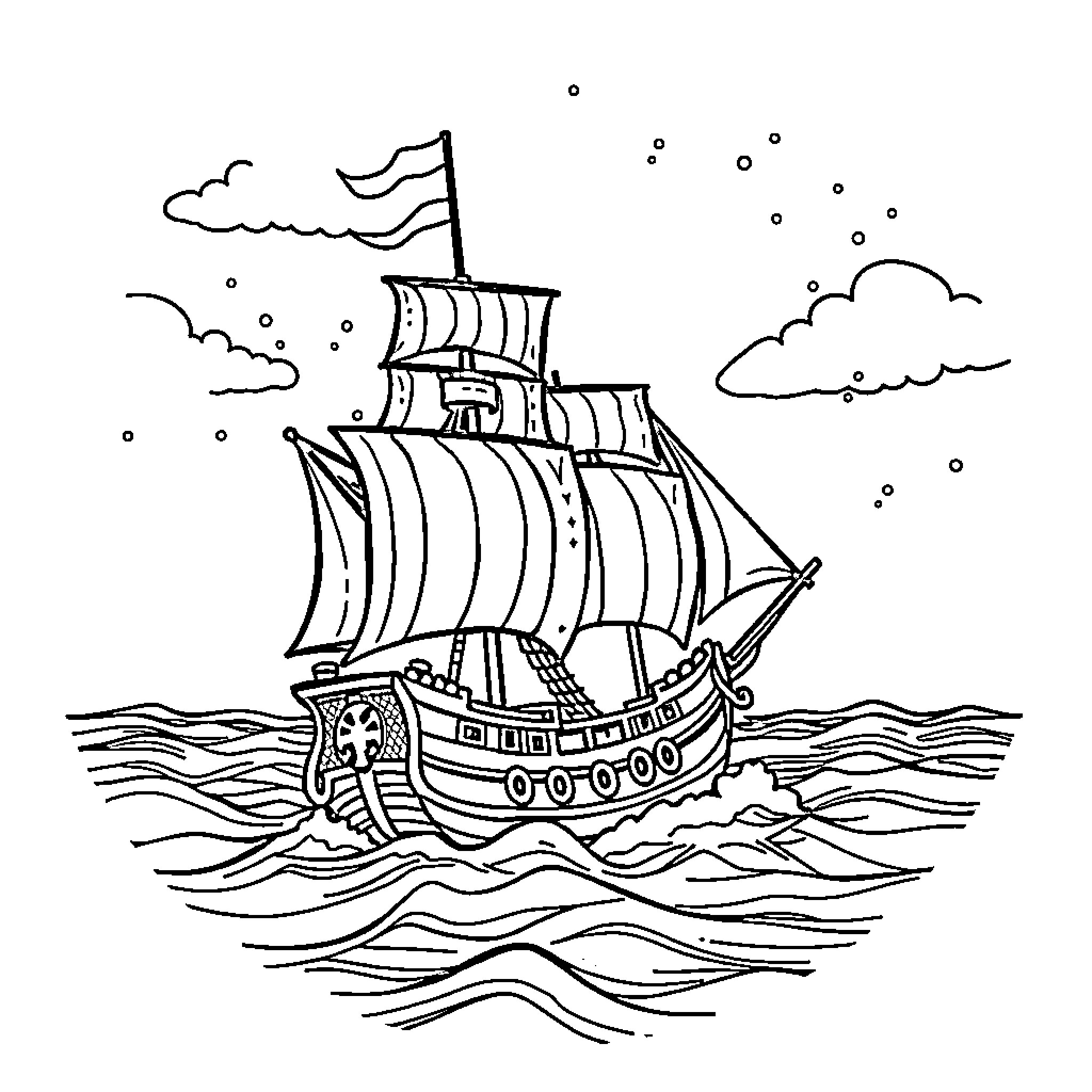 Pirate Ship Sailing Across Stormy Seas Coloring Page (free black-and-white line drawing printable PDF for all, from beginners to advanced learners, including children, teens, adults, and seniors)