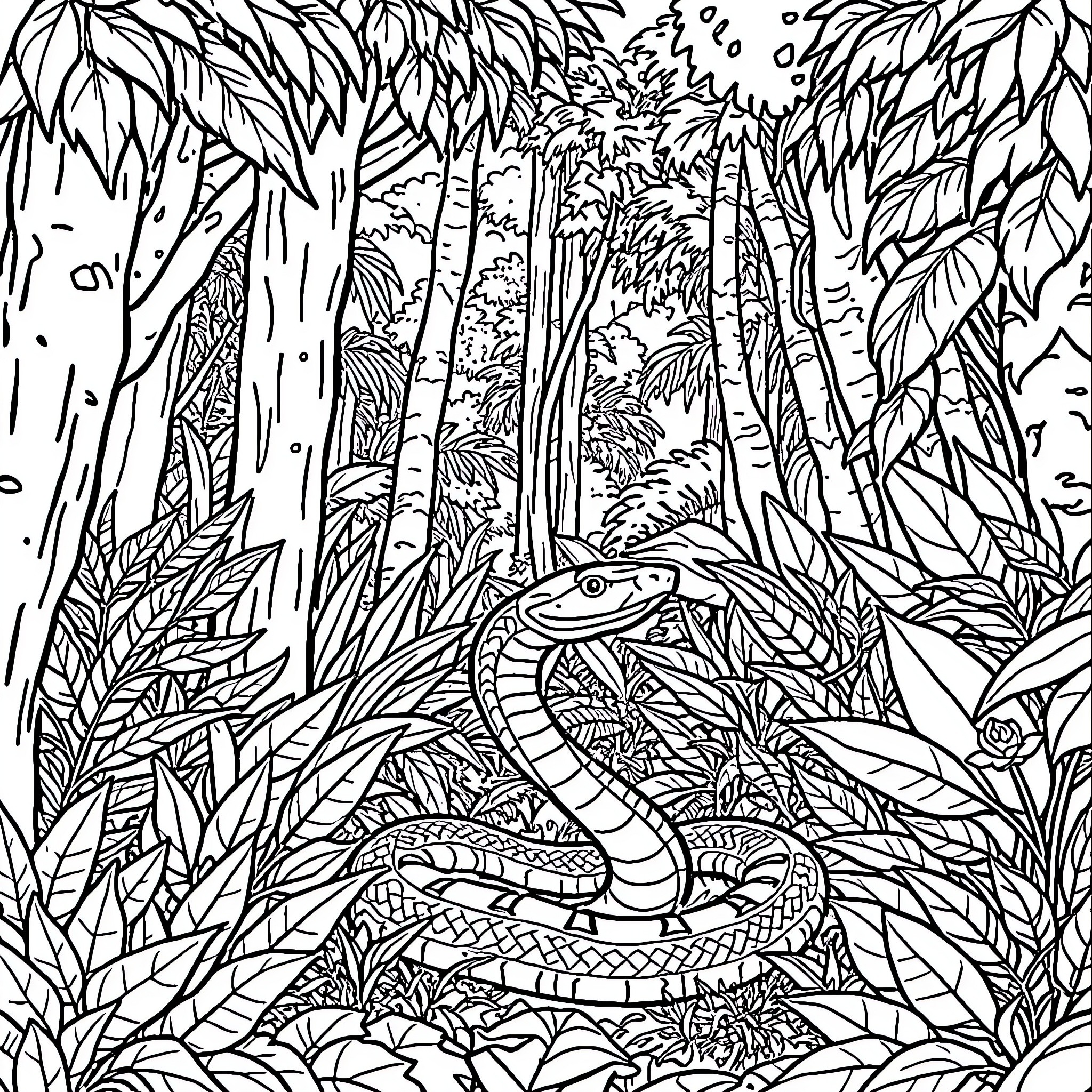 Snake slithering through lush jungle foliage Coloring Page (free black-and-white line drawing printable PDF for all, from beginners to advanced learners, including children, teens, adults, and seniors)