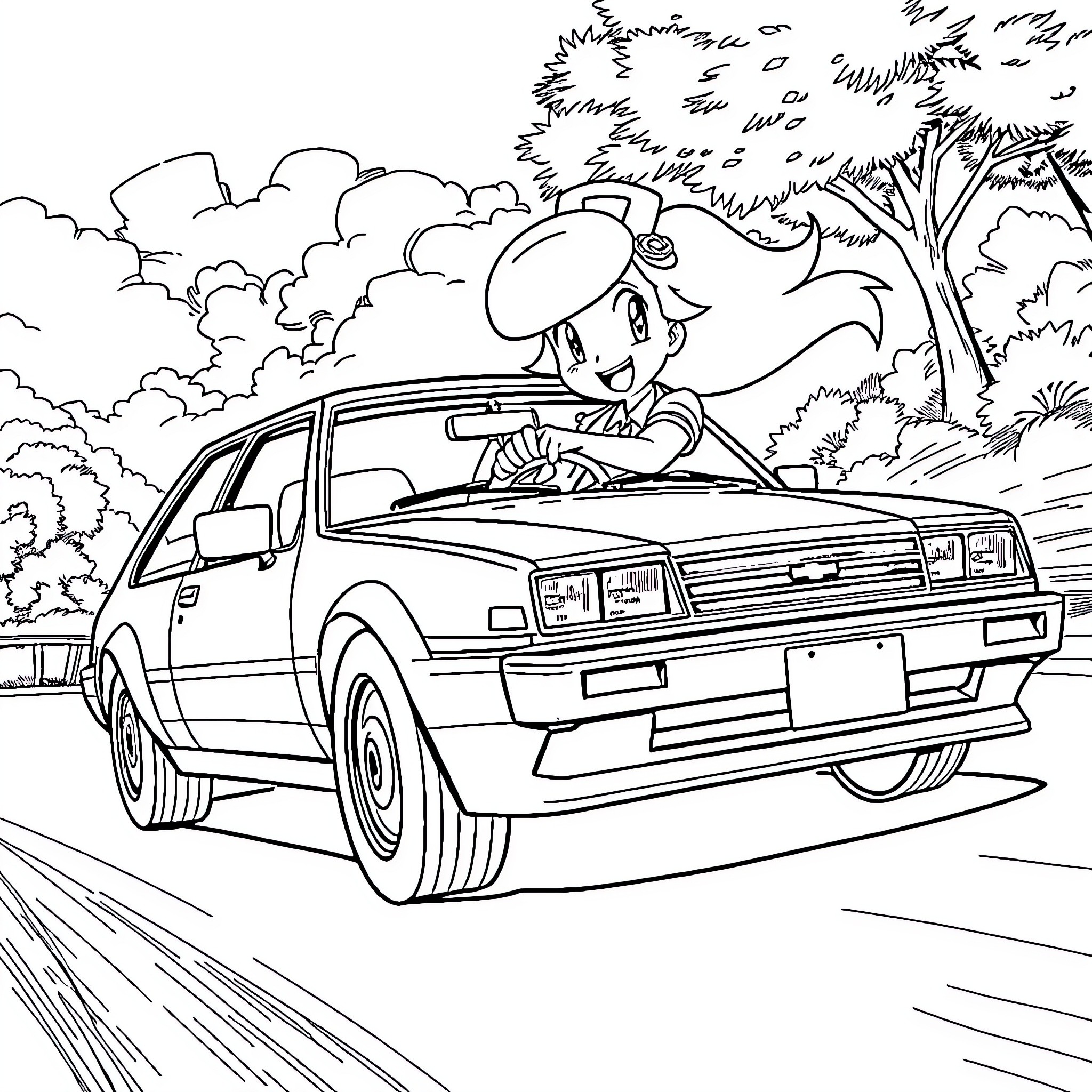 Nurse Joy driving a car through the countryside Coloring Page (free black-and-white line drawing printable PDF for all, from beginners to advanced learners, including children, teens, adults, and seniors)
