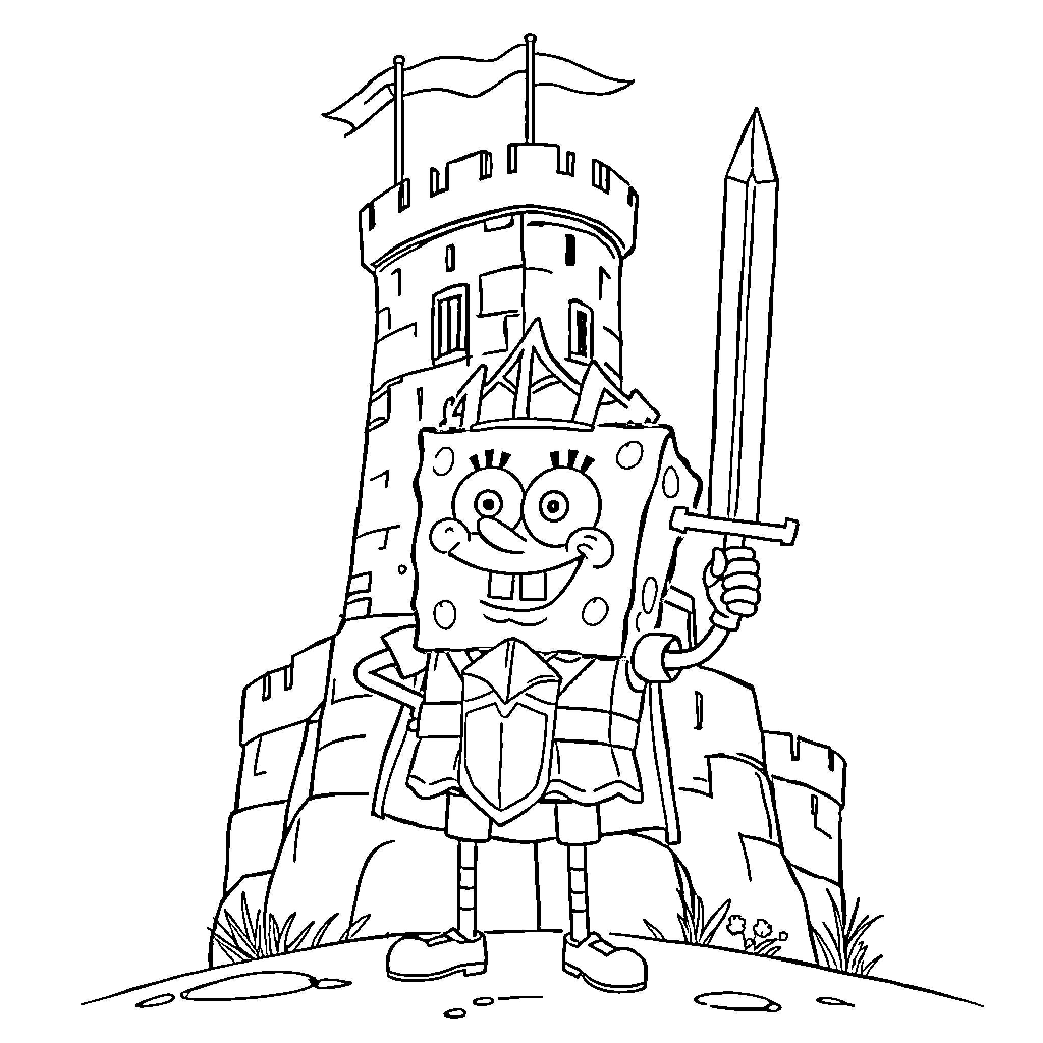 Spongebob in a Heroic Knight Outfit Coloring Page (free black-and-white line drawing printable PDF for all, from beginners to advanced learners, including children, teens, adults, and seniors)