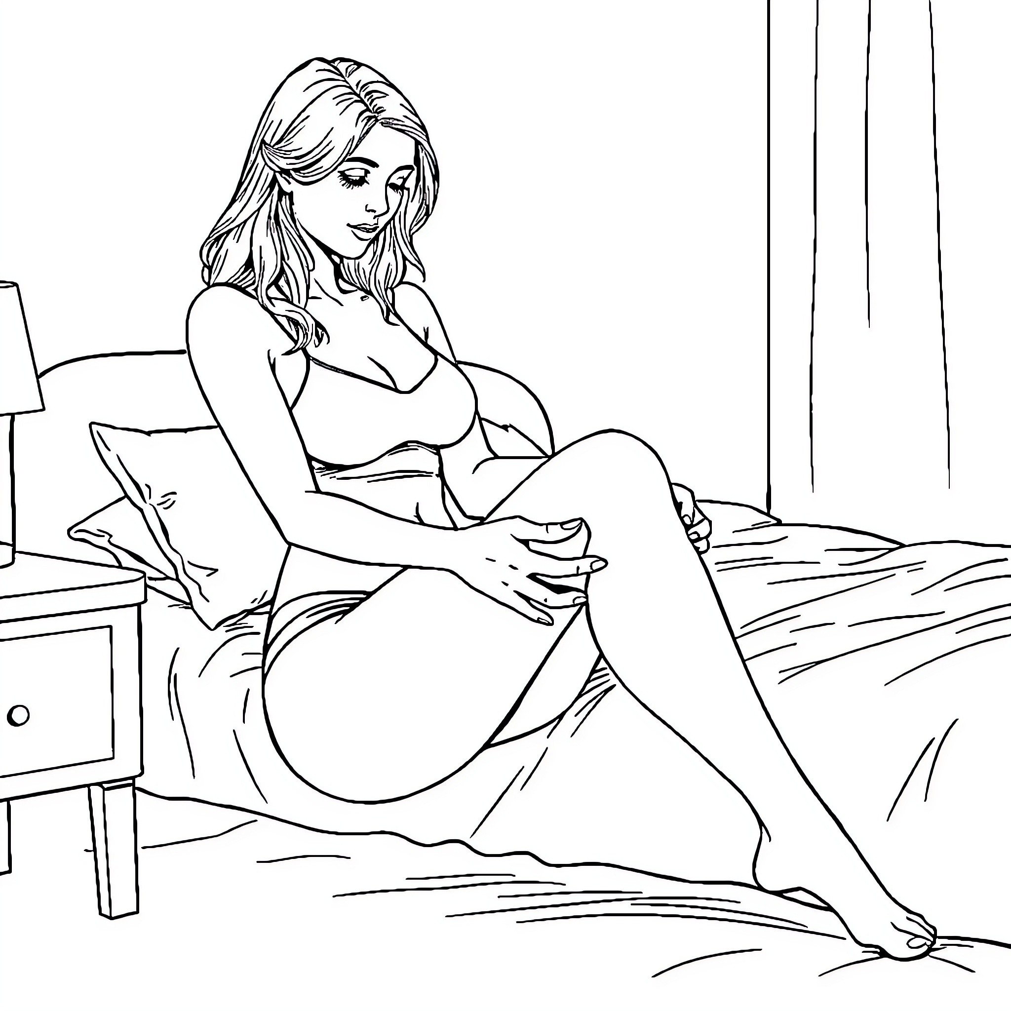 Woman reading a book on the bed Coloring Page (free black-and-white line drawing printable PDF for all, from beginners to advanced learners, including children, teens, adults, and seniors)
