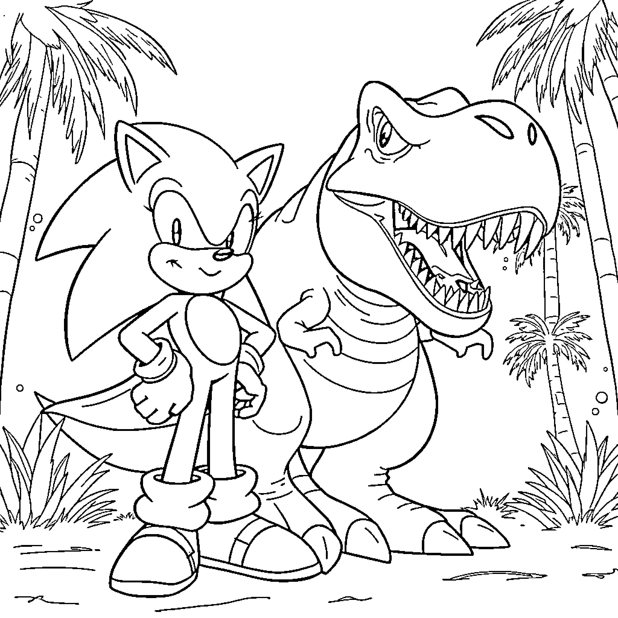 Sonic and his friend in tropical adventure Coloring Page (free black-and-white line drawing printable PDF for all, from beginners to advanced learners, including children, teens, adults, and seniors)