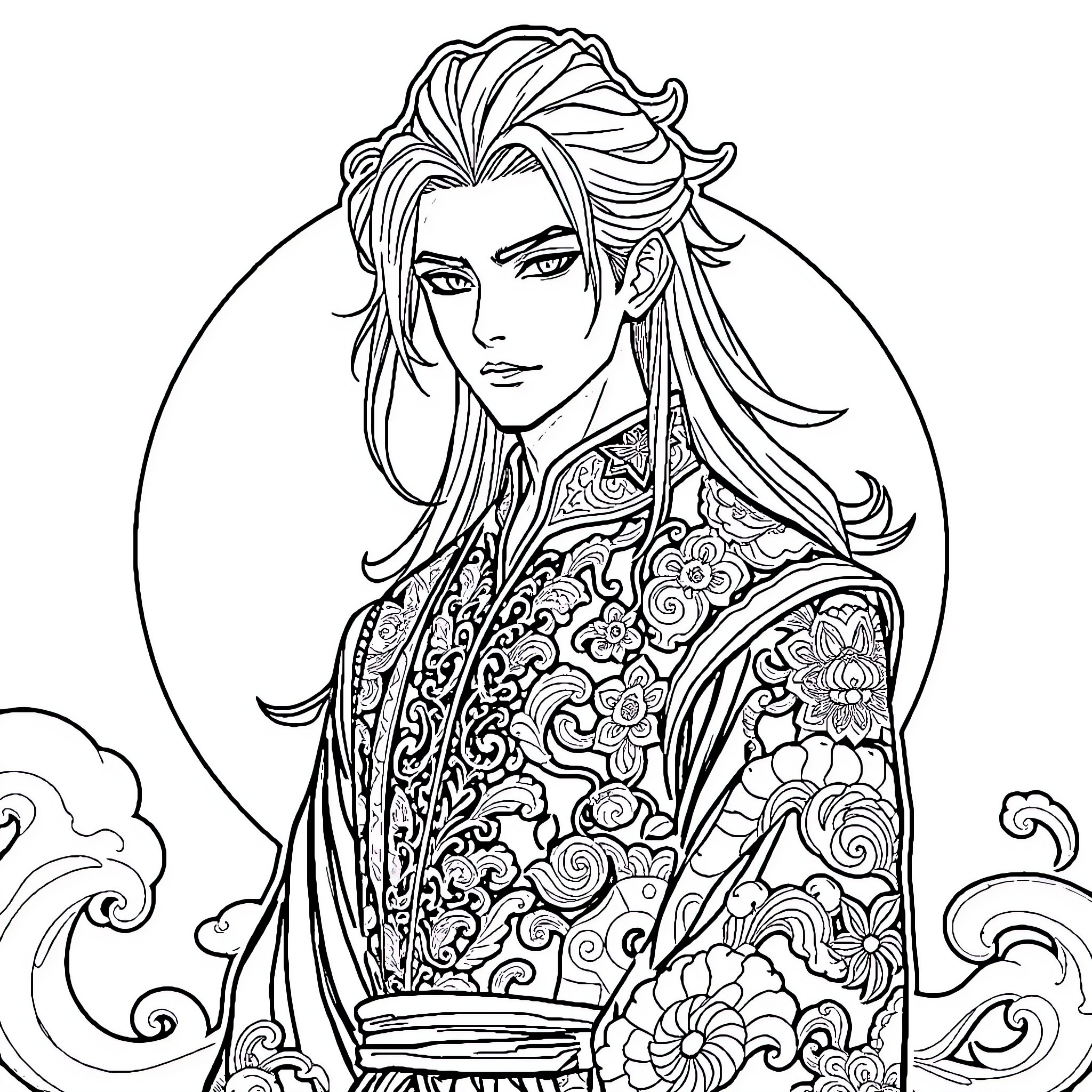 Guy with elaborate floral attire in patterned scene Coloring Page (free black-and-white line drawing printable PDF for all, from beginners to advanced learners, including children, teens, adults, and seniors)