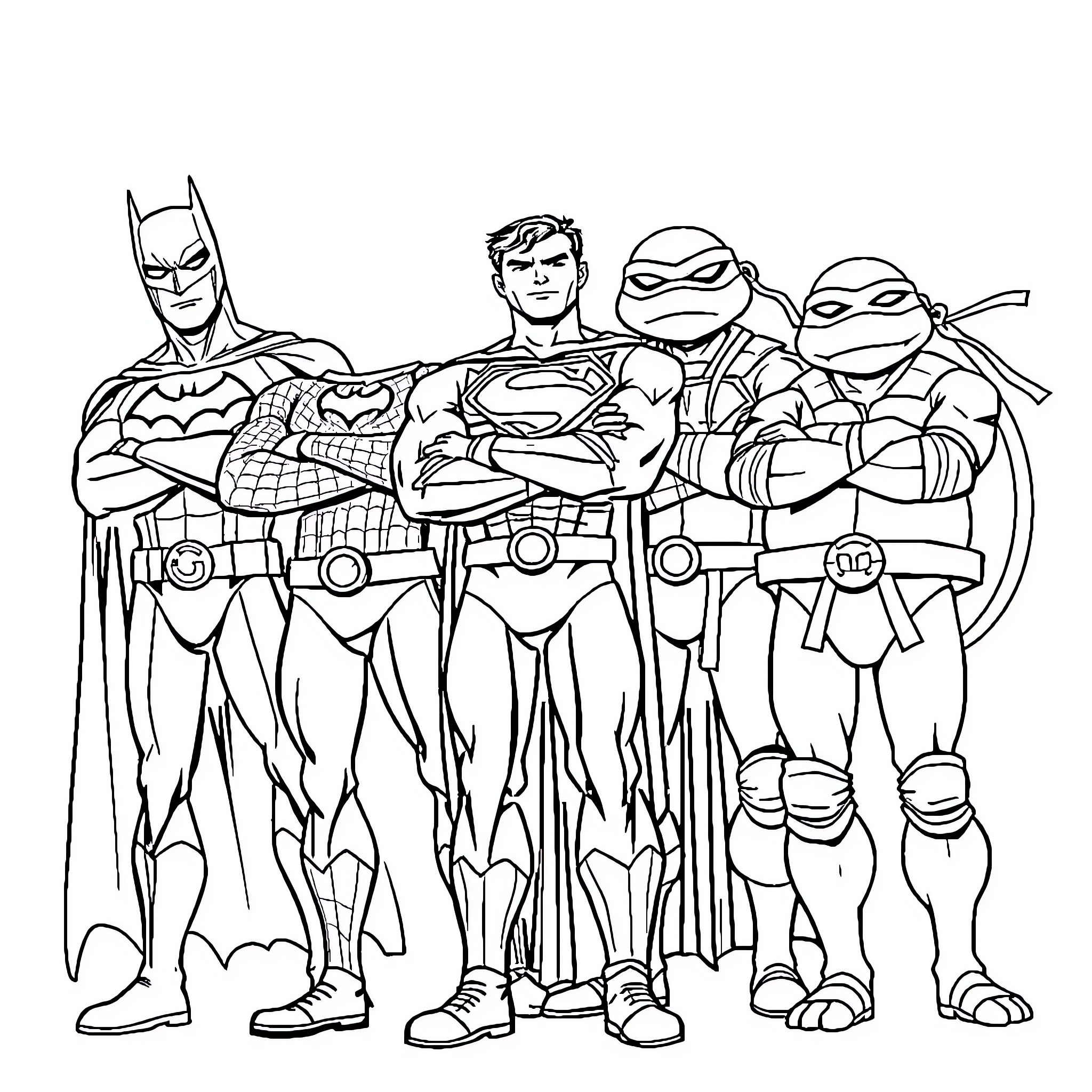 Superhero team posing in action-ready stances Coloring Page (free black-and-white line drawing printable PDF for all, from beginners to advanced learners, including children, teens, adults, and seniors)