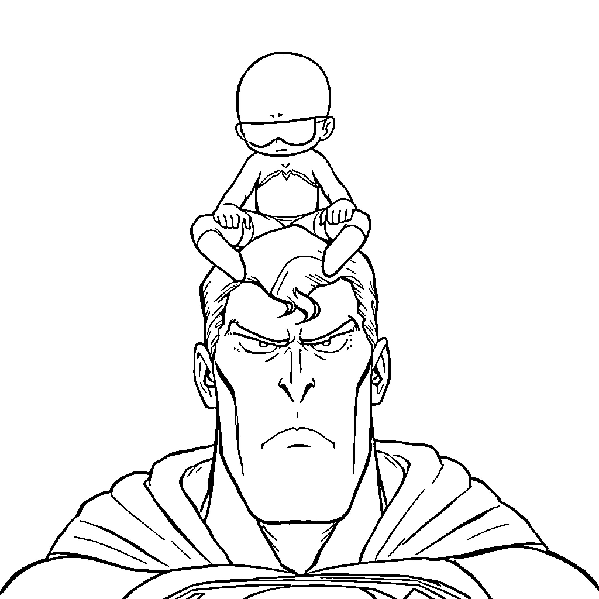 Saitama carrying a young child on his head Coloring Page (free black-and-white line drawing printable PDF for all, from beginners to advanced learners, including children, teens, adults, and seniors)