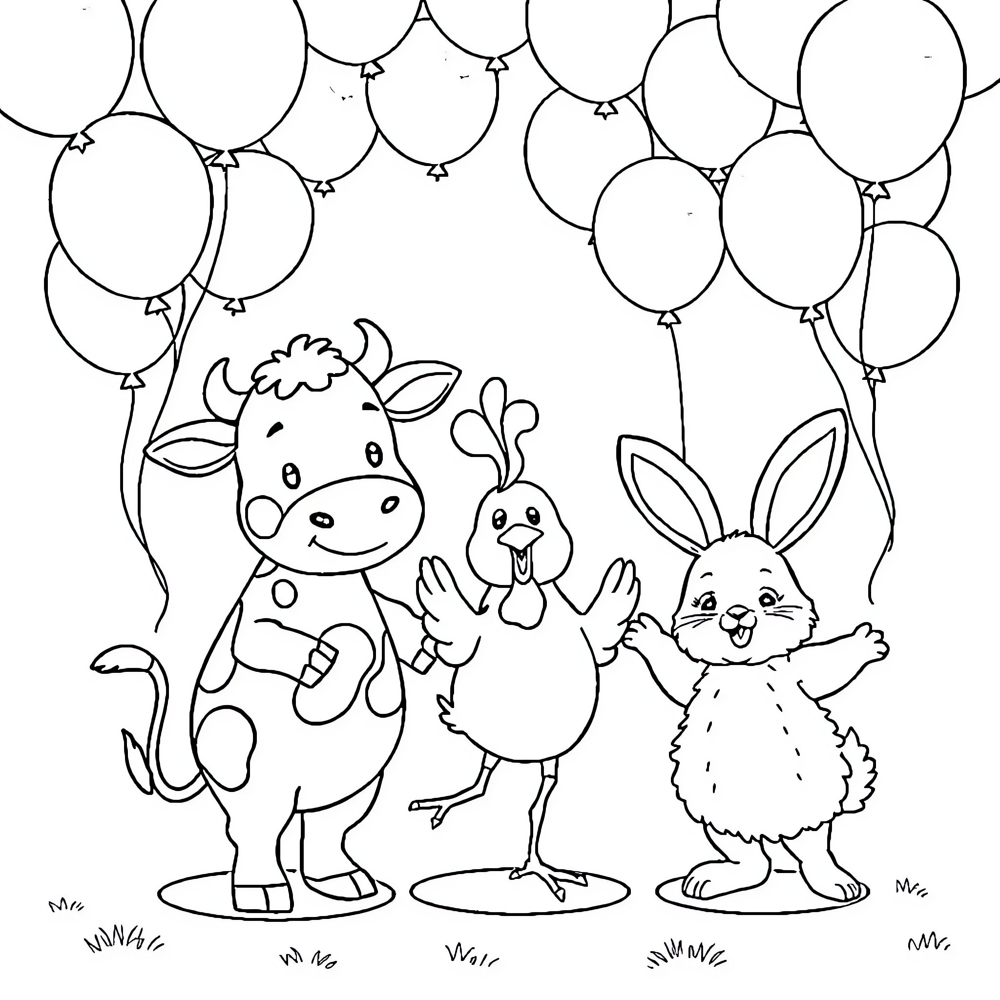 Cow, chicken, and rabbit celebrating with balloons Coloring Page (free black-and-white line drawing printable PDF for all, from beginners to advanced learners, including children, teens, adults, and seniors)