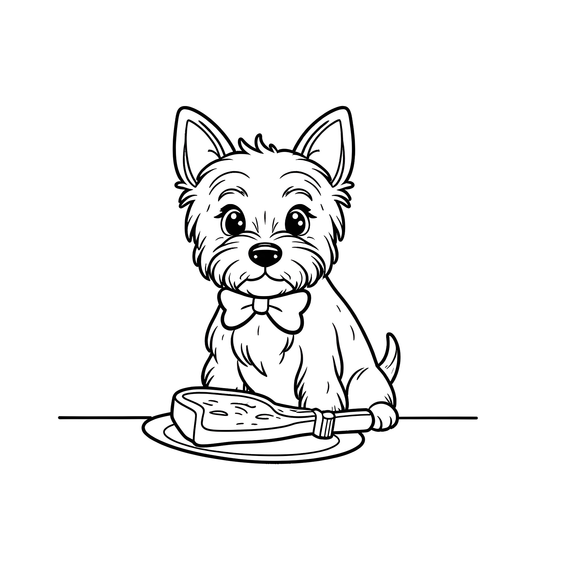 Yorkie puppy enjoying a tasty treat Coloring Page (free black-and-white line drawing printable PDF for all, from beginners to advanced learners, including children, teens, adults, and seniors)