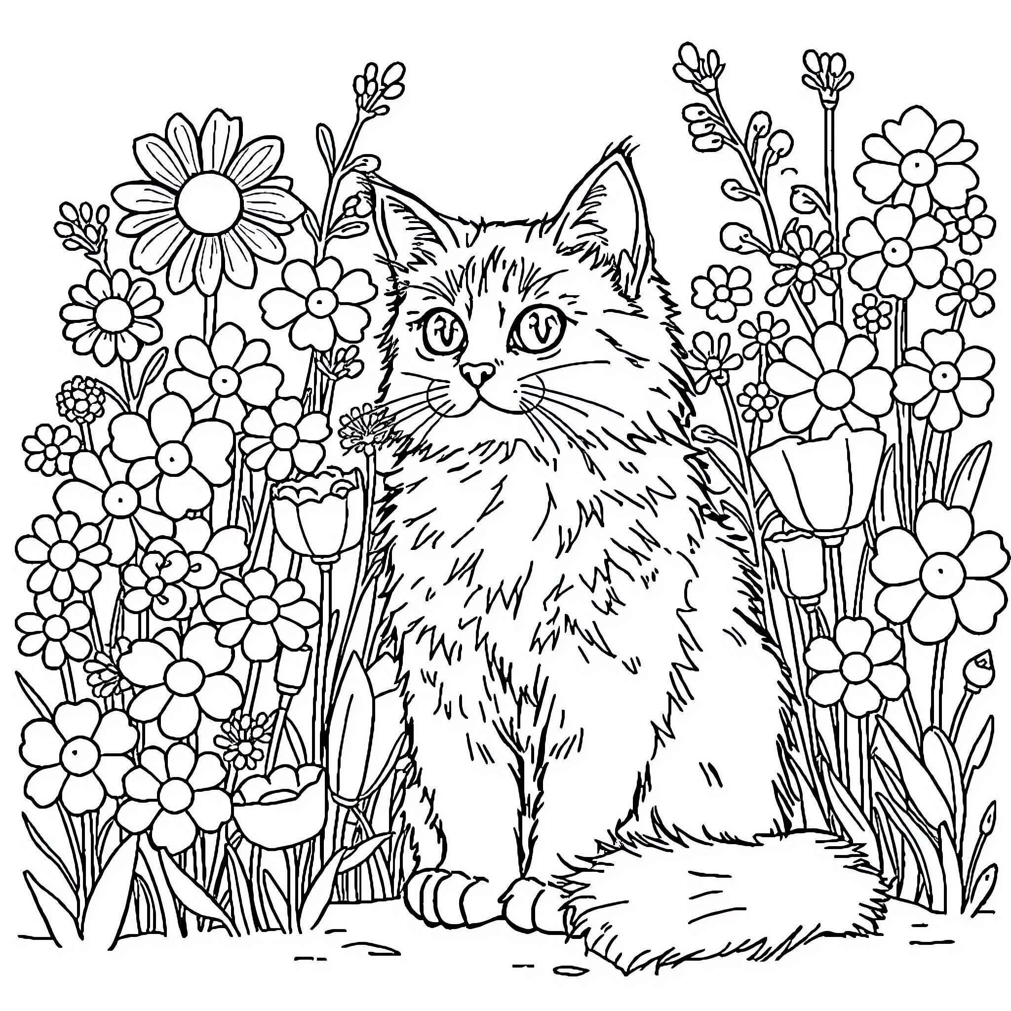 Cat among vibrant flowers Coloring Page (free black-and-white line drawing printable PDF for all, from beginners to advanced learners, including children, teens, adults, and seniors)
