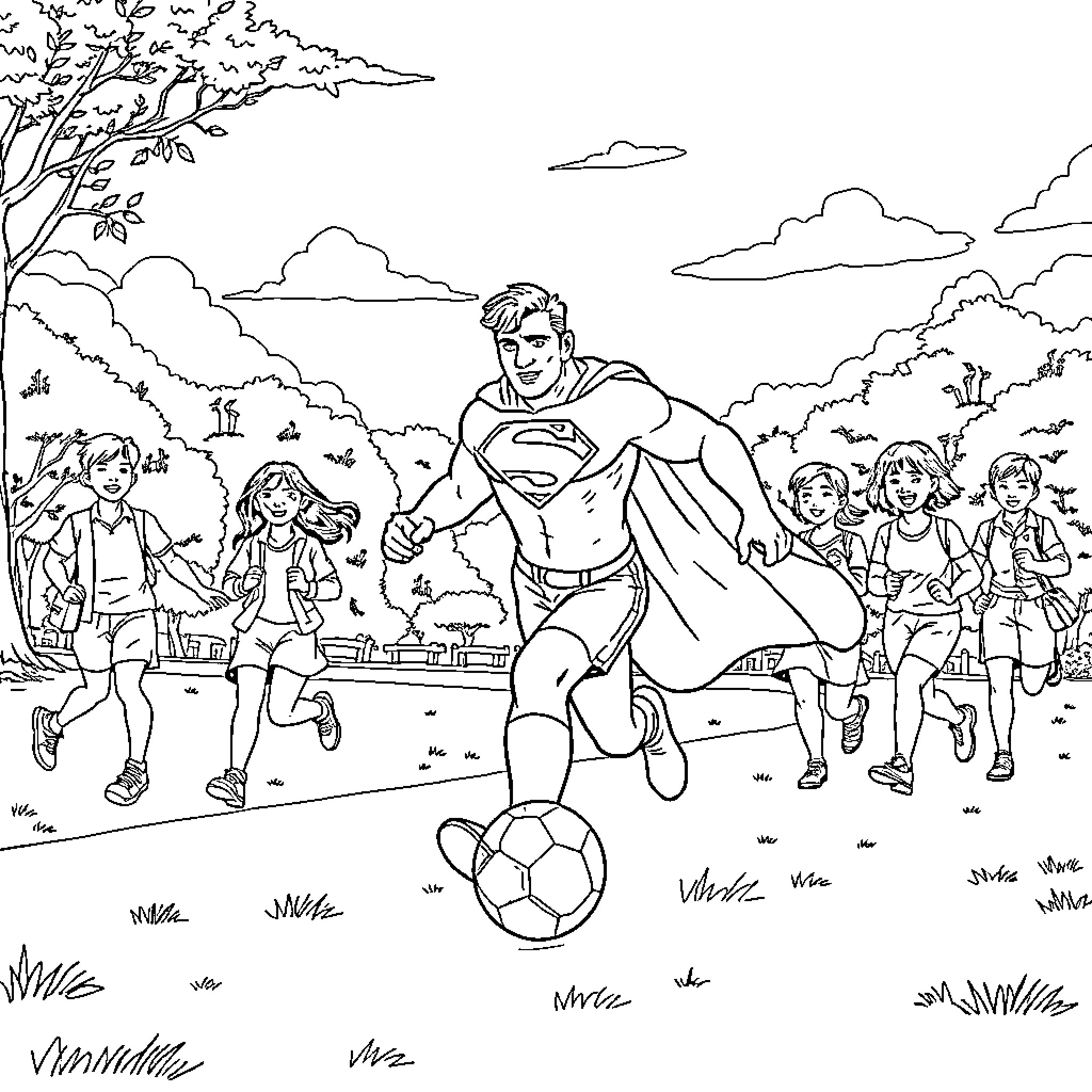 Superman playing soccer with children in the park Coloring Page (free black-and-white line drawing printable PDF for all, from beginners to advanced learners, including children, teens, adults, and seniors)