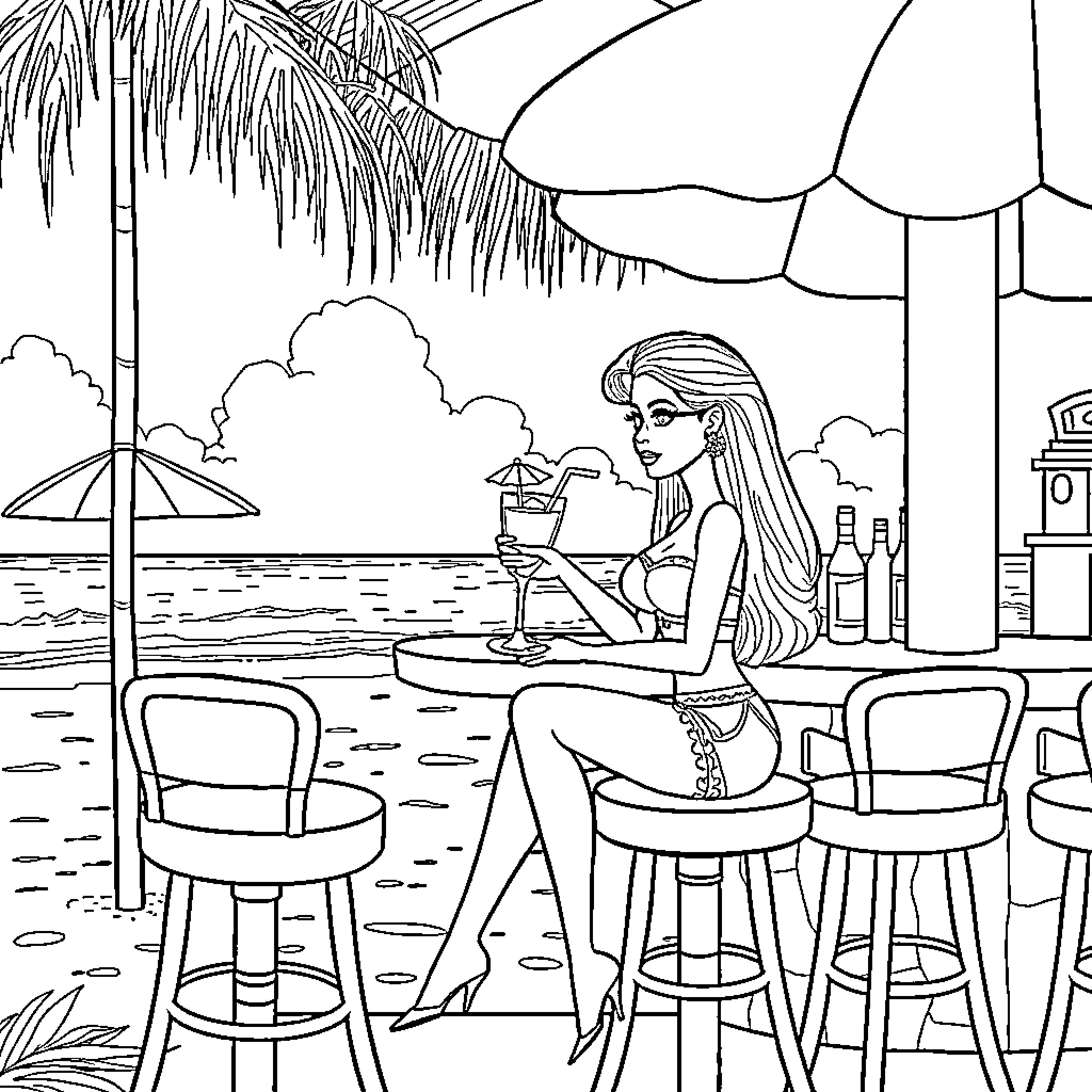 Barbie enjoying a tropical cocktail at a beachside bar Coloring Page (free black-and-white line drawing printable PDF for all, from beginners to advanced learners, including children, teens, adults, and seniors)