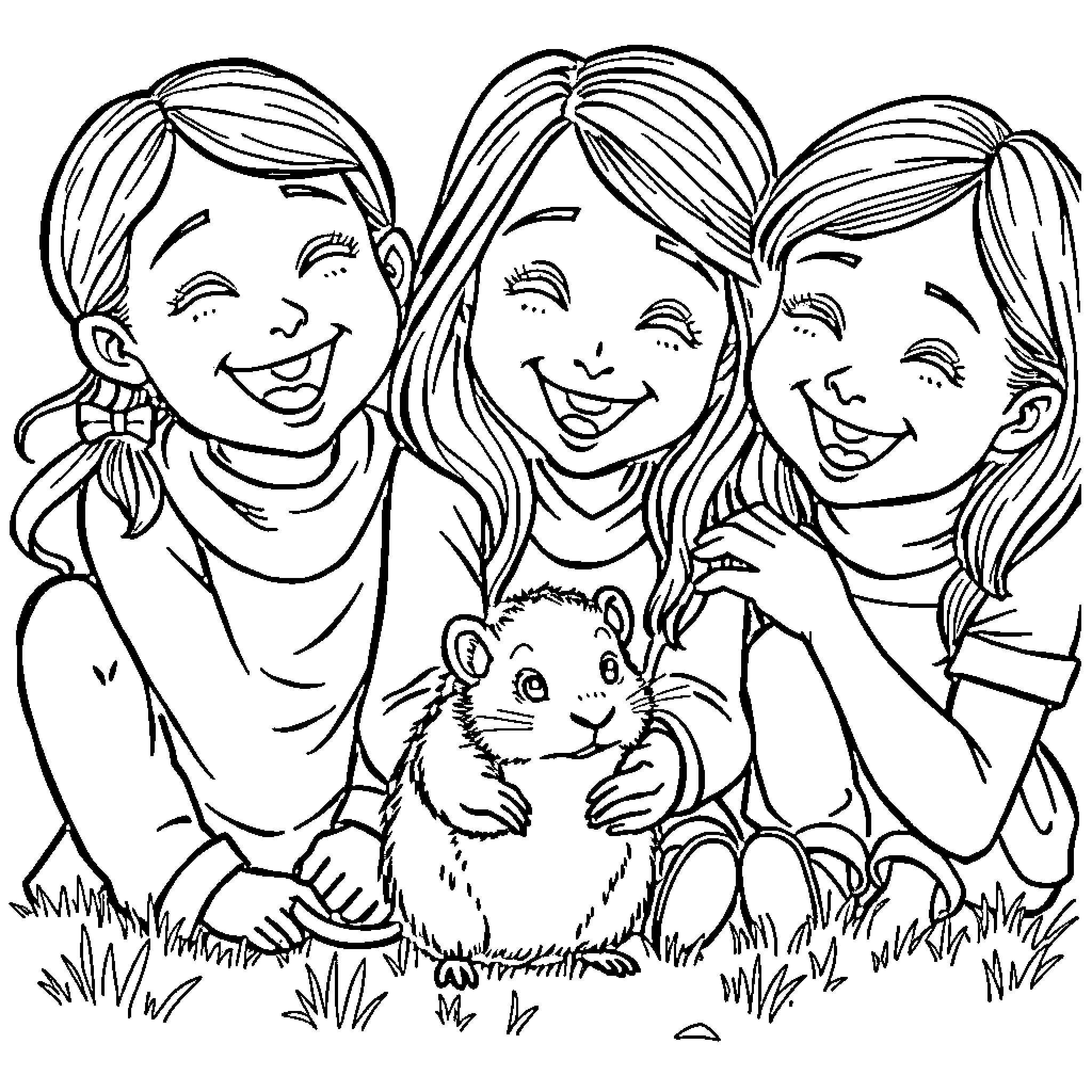 Girls playing with a cute hamster in the field Coloring Page (free black-and-white line drawing printable PDF for all, from beginners to advanced learners, including children, teens, adults, and seniors)