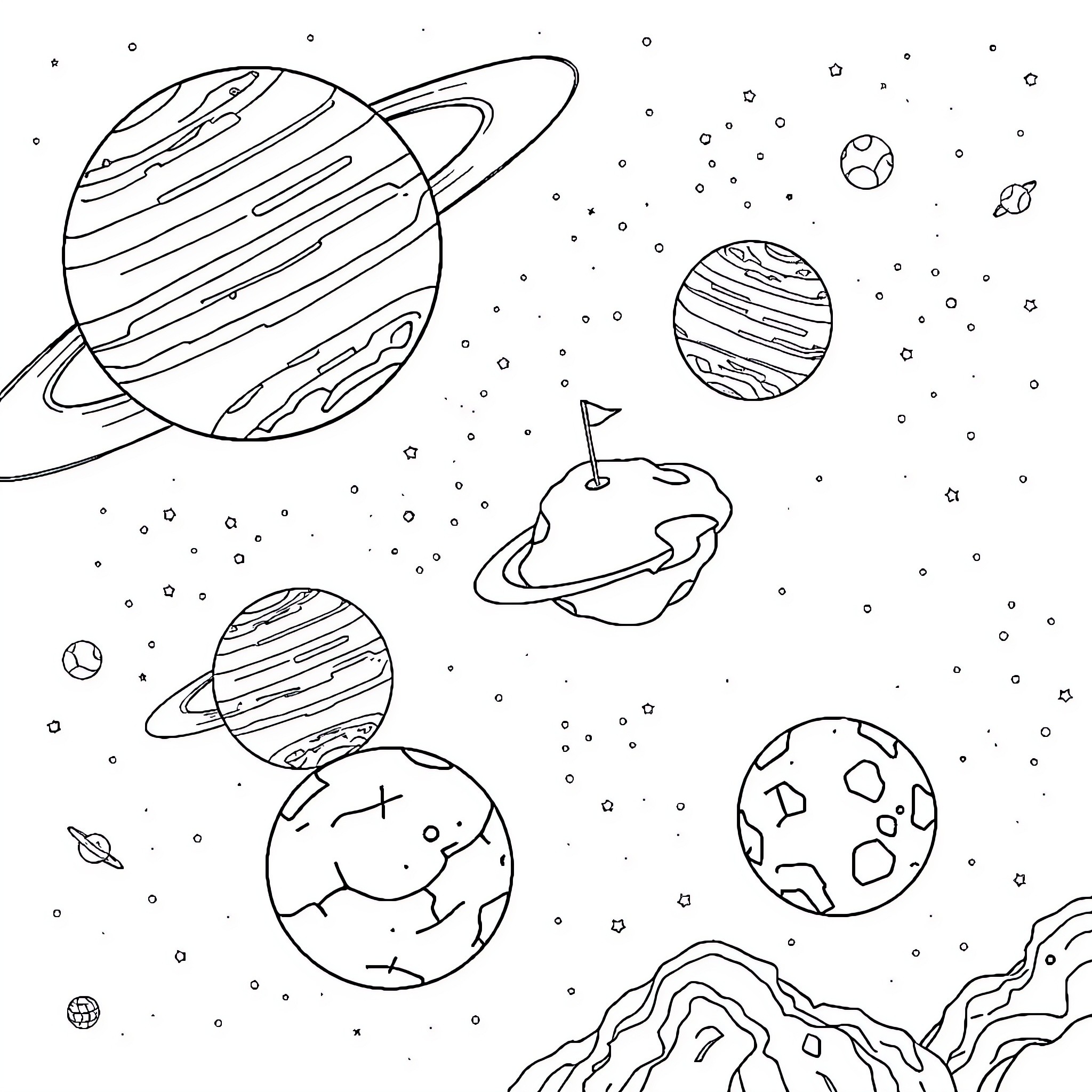 Planet Exploration in the Cosmic Universe Coloring Page (free black-and-white line drawing printable PDF for all, from beginners to advanced learners, including children, teens, adults, and seniors)