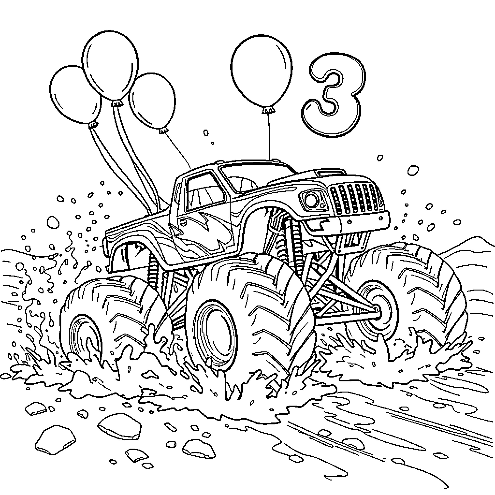 Monster Truck celebrating third anniversary with balloons Coloring Page (free black-and-white line drawing printable PDF for all, from beginners to advanced learners, including children, teens, adults, and seniors)