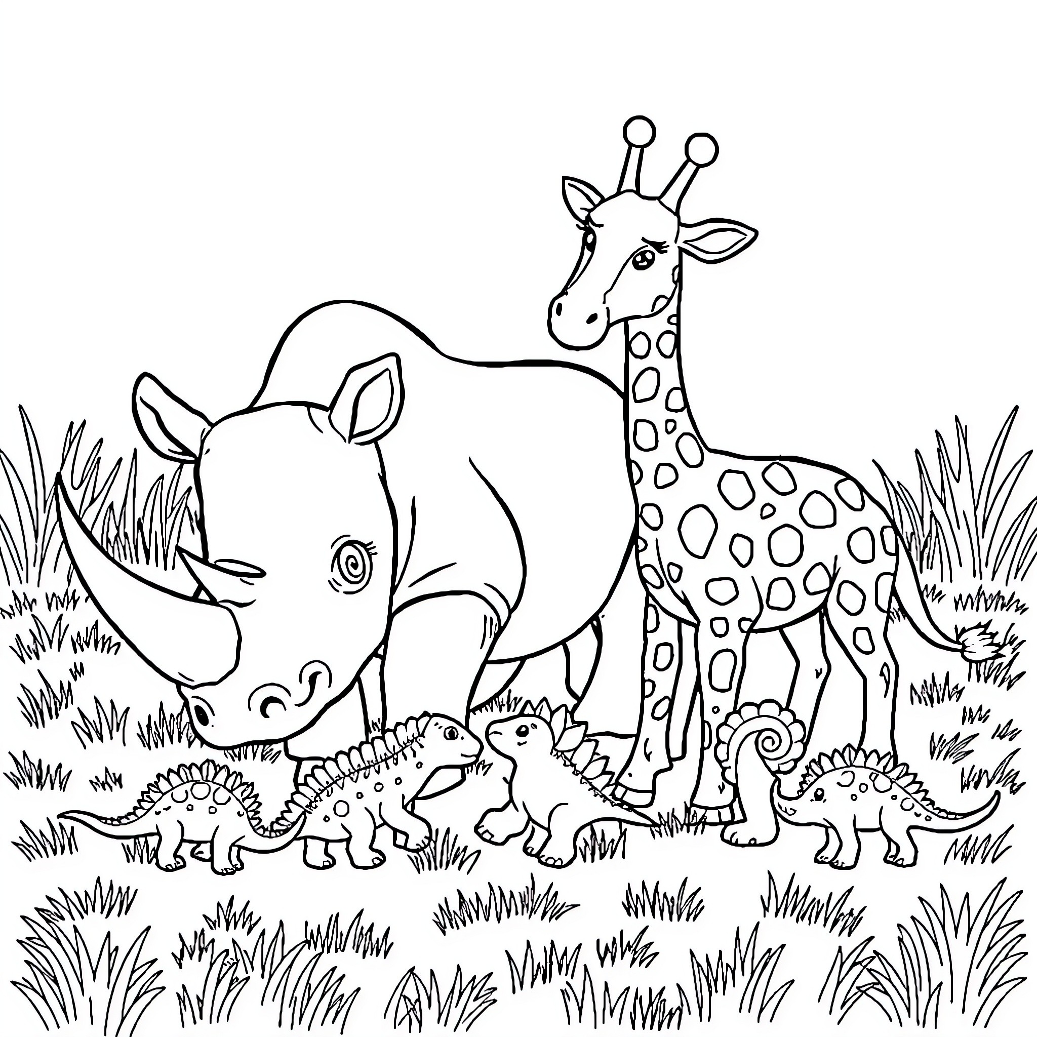 Rhinoceros and Giraffe in Grassy Habitat Coloring Page (free black-and-white line drawing printable PDF for all, from beginners to advanced learners, including children, teens, adults, and seniors)