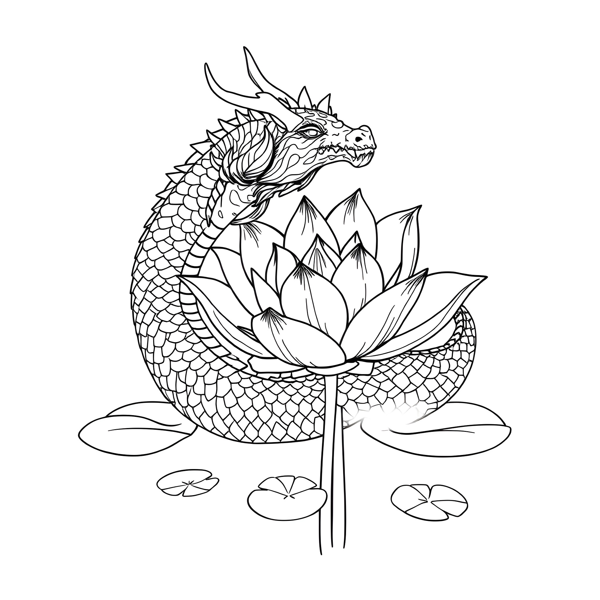 Lotus Dragon Emerging from Serene Pond Coloring Page (free black-and-white line drawing printable PDF for all, from beginners to advanced learners, including children, teens, adults, and seniors)
