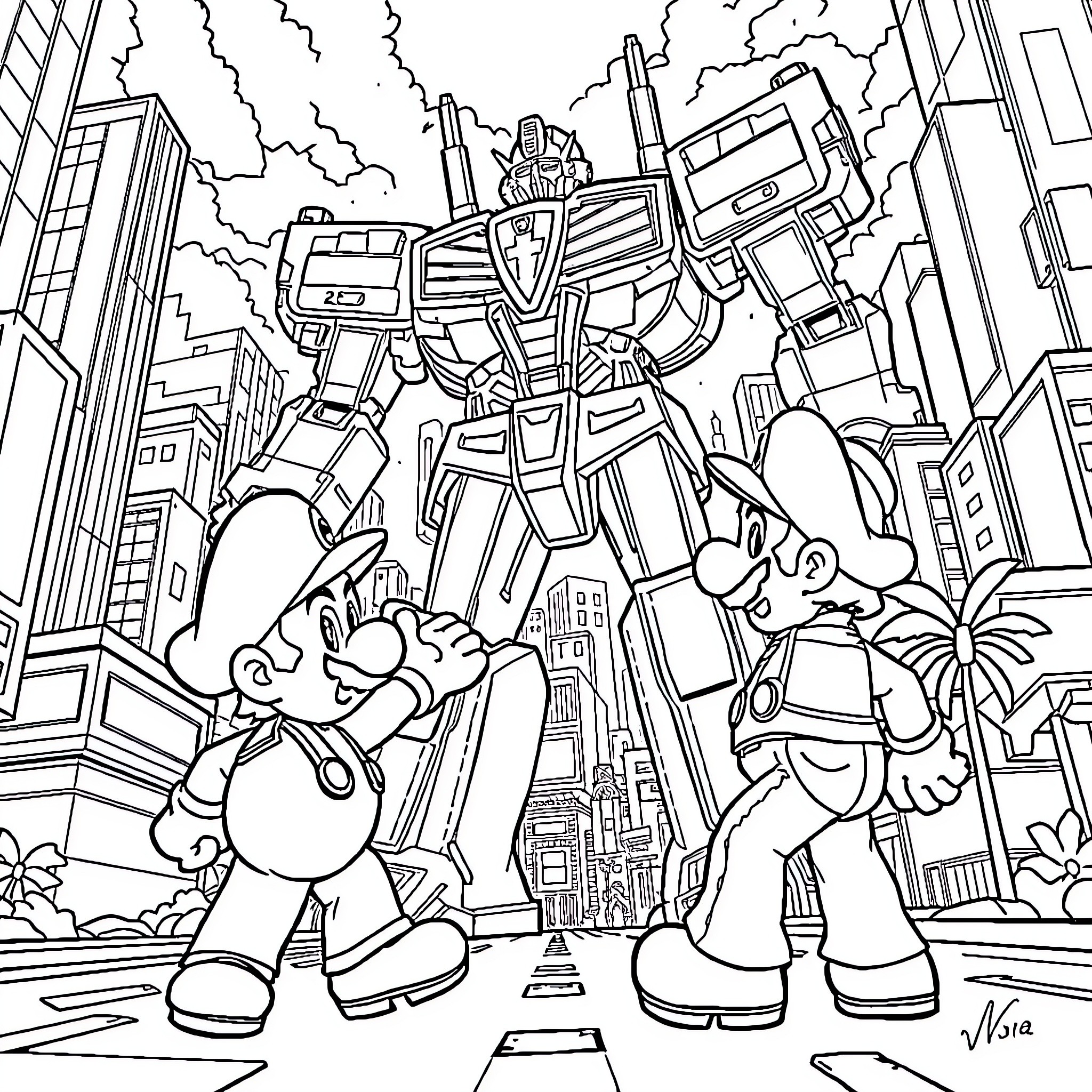Mario and Bowser Battle Alongside Transforming Robot in City Coloring Page (free black-and-white line drawing printable PDF for all, from beginners to advanced learners, including children, teens, adults, and seniors)