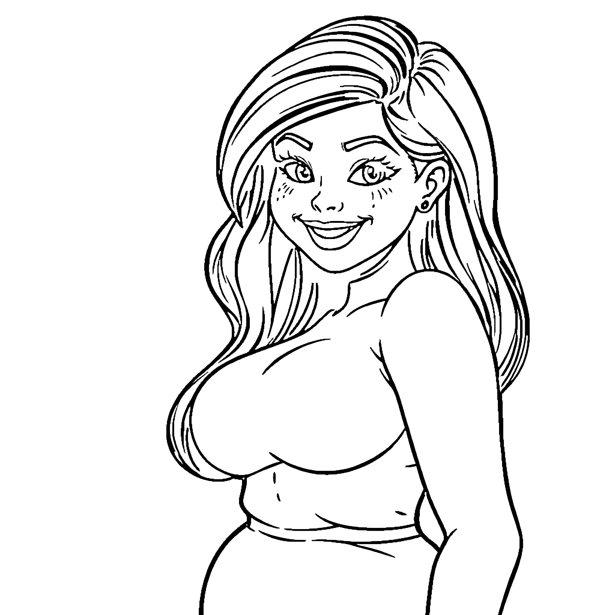 Girl in Cheerful Expression with Long Hair Coloring Page (free black-and-white line drawing printable PDF for all, from beginners to advanced learners, including children, teens, adults, and seniors)