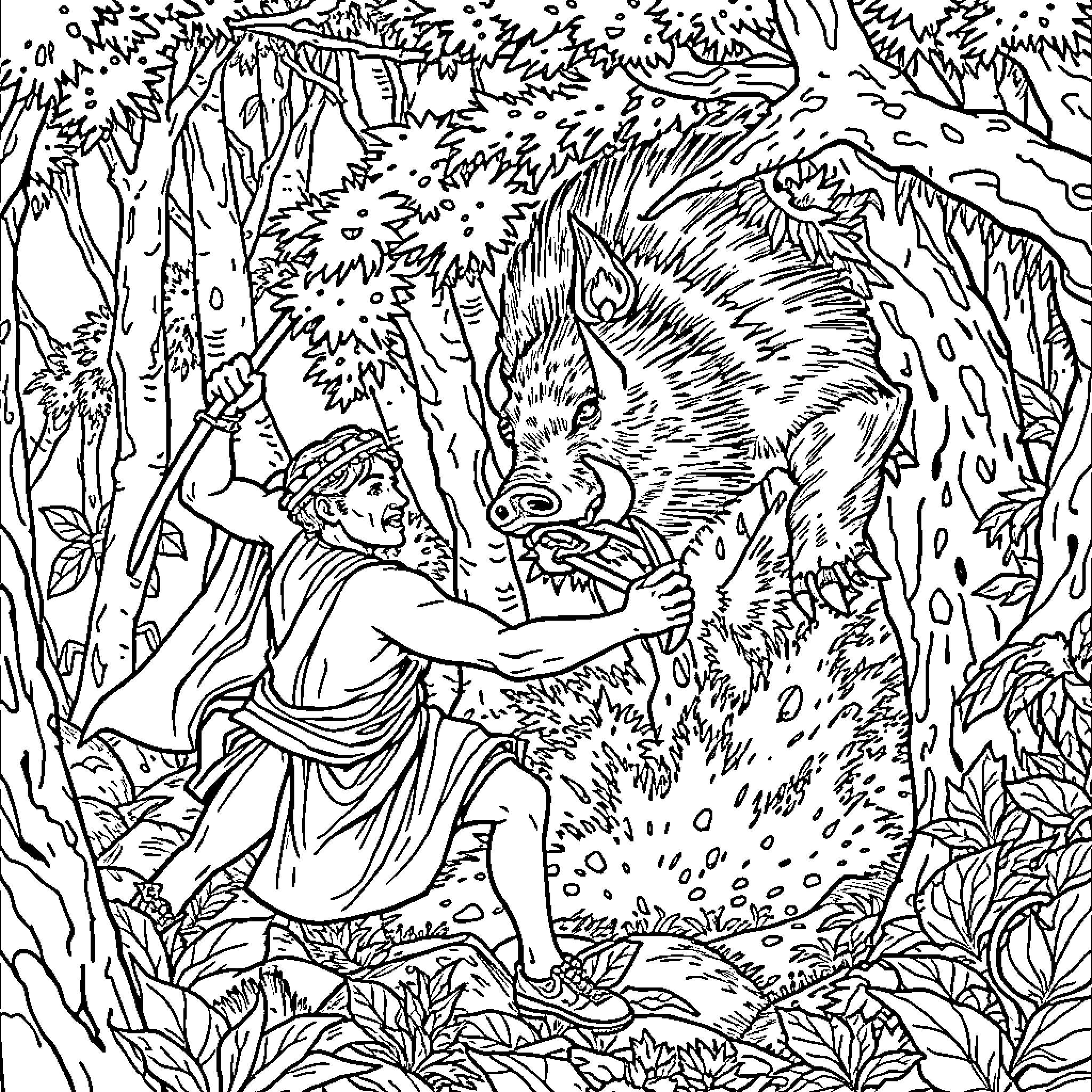 Odysseus Battles Fearsome Wild Boar in Lush Forest Coloring Page (free black-and-white line drawing printable PDF for all, from beginners to advanced learners, including children, teens, adults, and seniors)