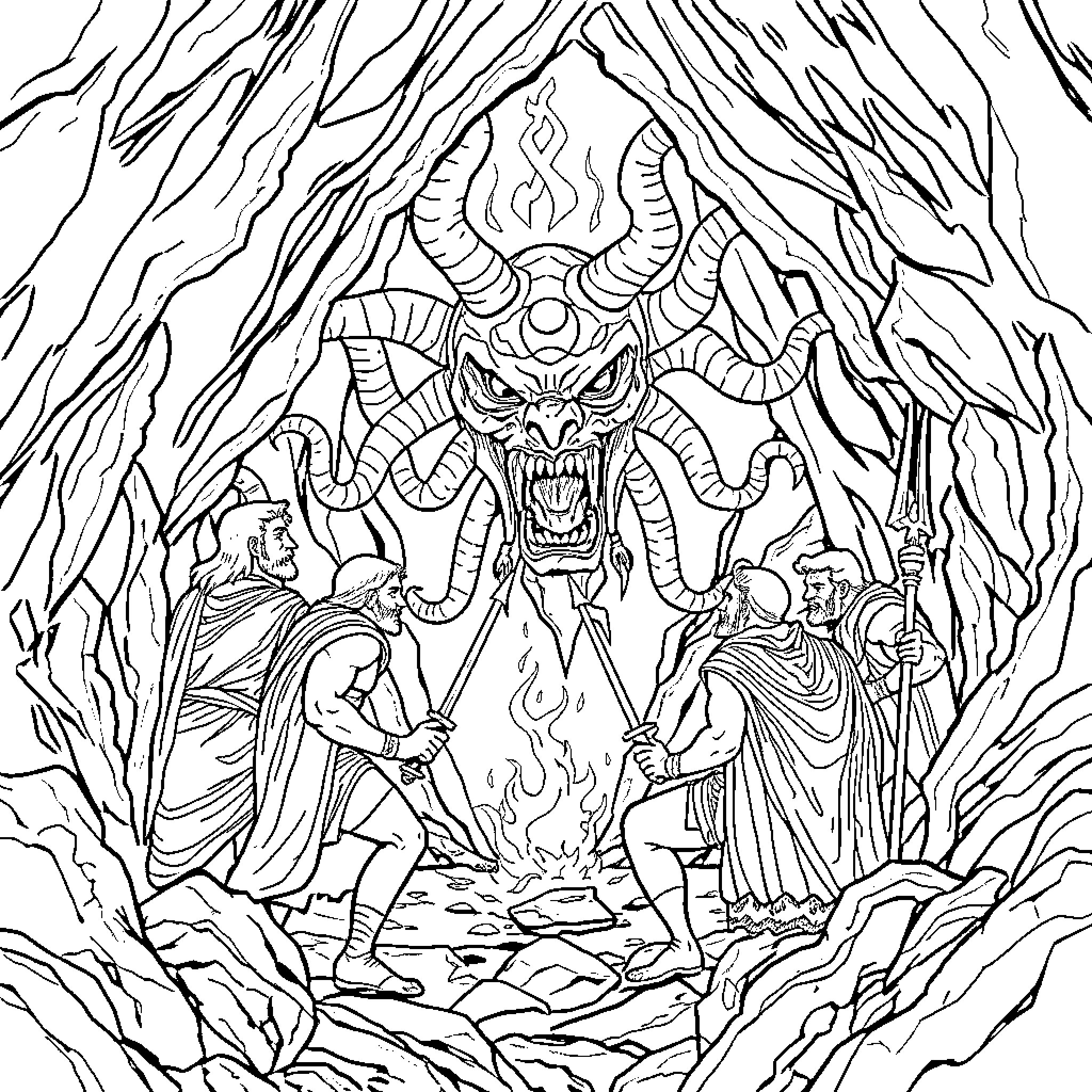 Medusa's Lair: Demonic Presence Amid Worshippers Coloring Page (free black-and-white line drawing printable PDF for all, from beginners to advanced learners, including children, teens, adults, and seniors)