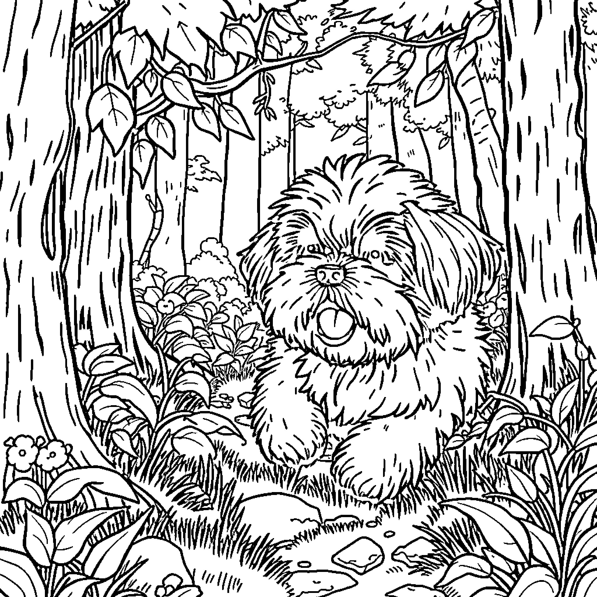 Shih Tzu exploring enchanting forest landscape Coloring Page (free black-and-white line drawing printable PDF for all, from beginners to advanced learners, including children, teens, adults, and seniors)