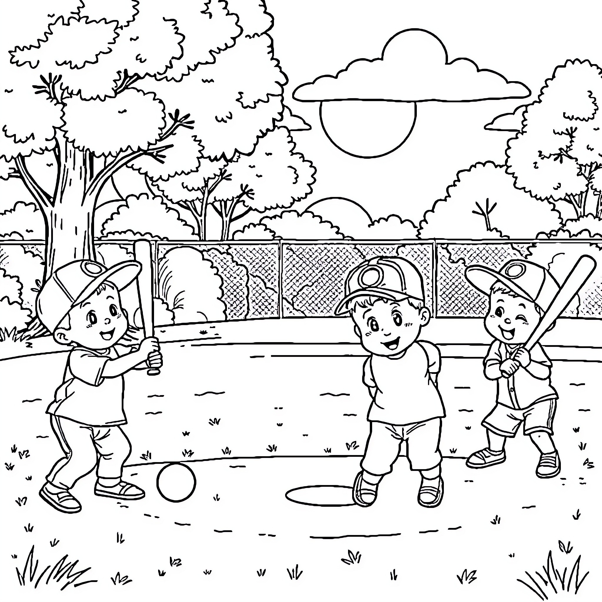 Baby boys playing baseball in the park Coloring Page (free black-and-white line drawing printable PDF for all, from beginners to advanced learners, including children, teens, adults, and seniors)