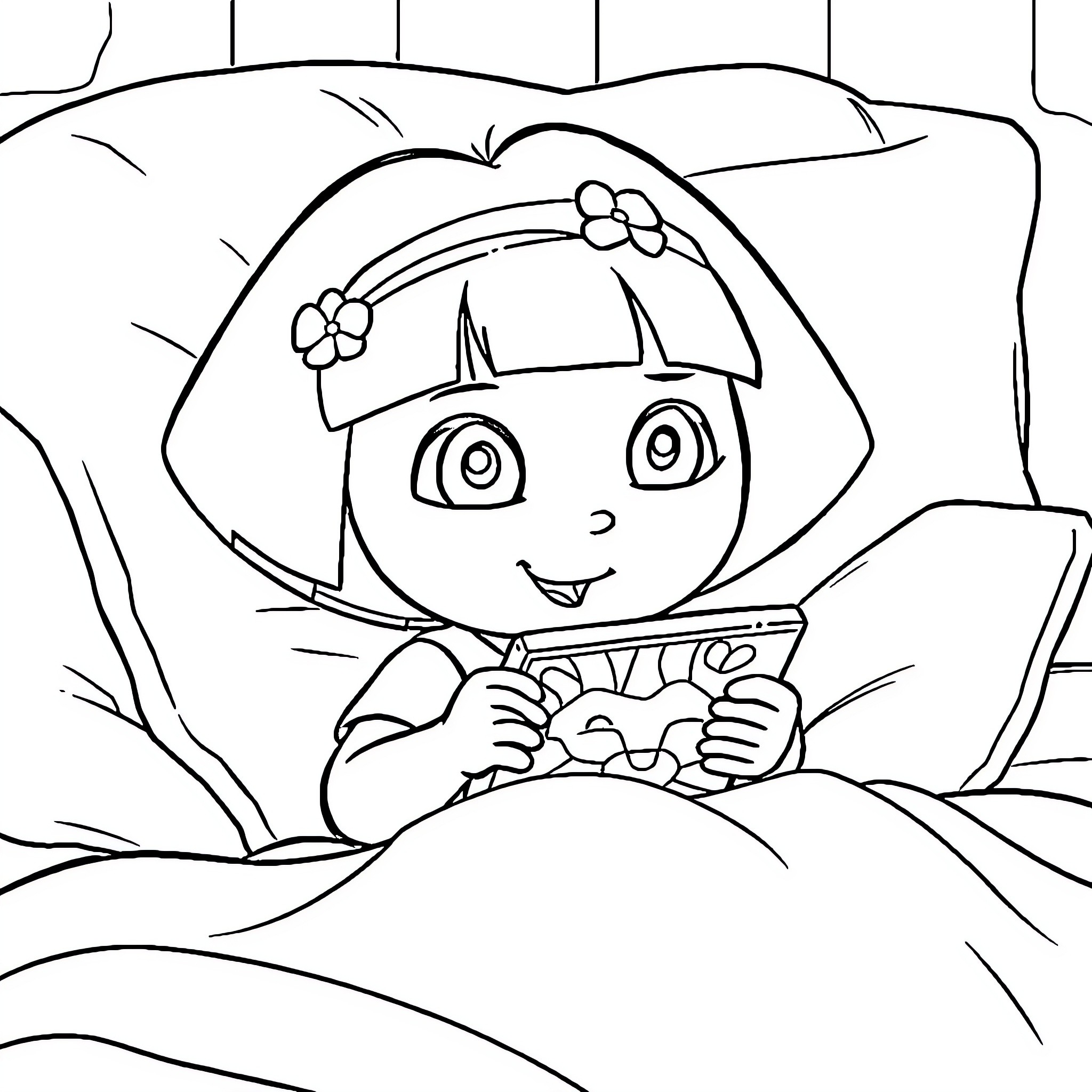 Dora playing with a handheld device in her bedroom Coloring Page (free black-and-white line drawing printable PDF for all, from beginners to advanced learners, including children, teens, adults, and seniors)
