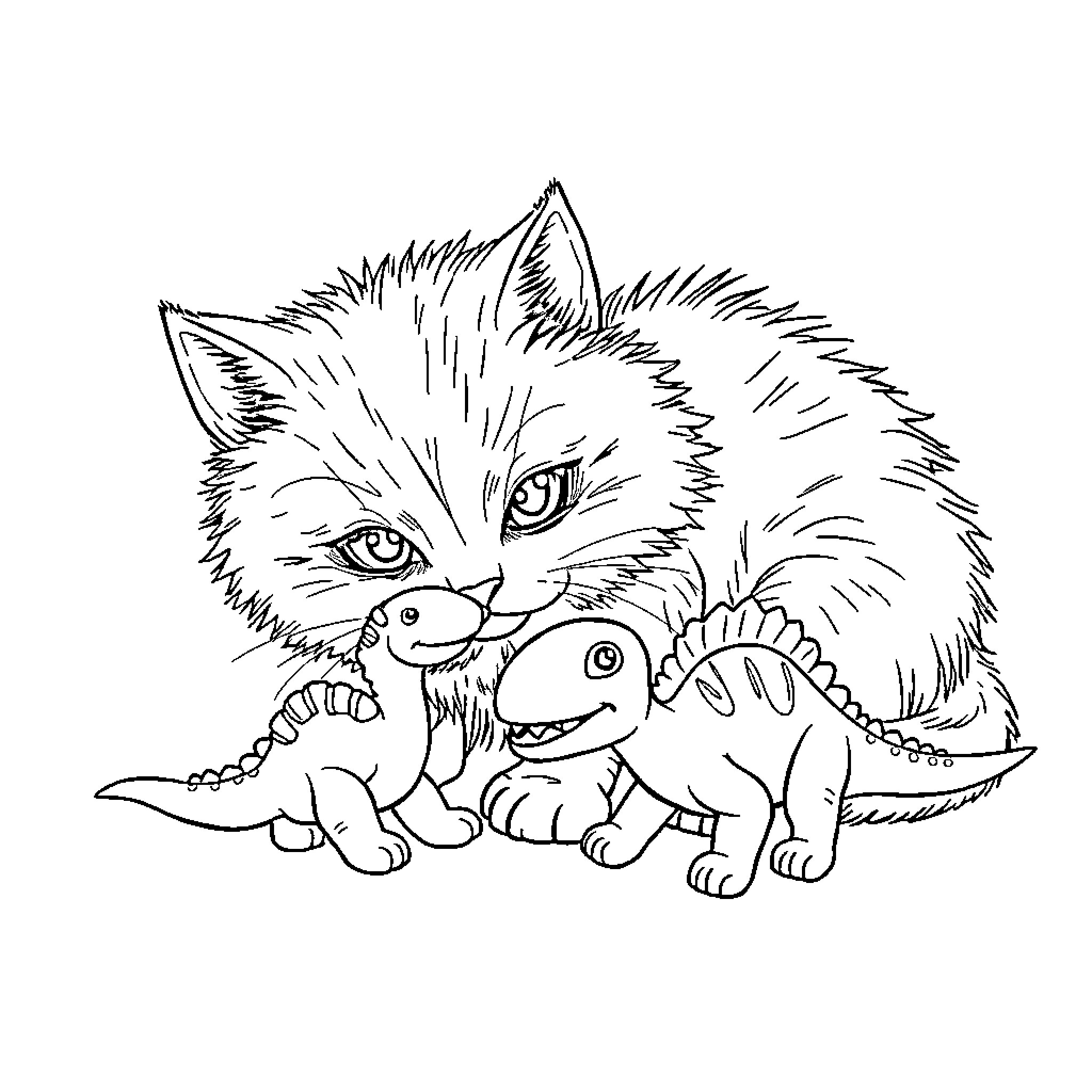 Cat befriending adorable dinosaur toy Coloring Page (free black-and-white line drawing printable PDF for all, from beginners to advanced learners, including children, teens, adults, and seniors)