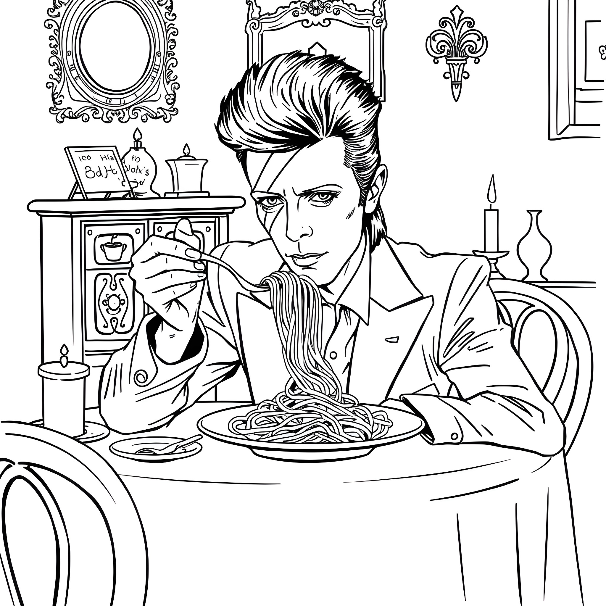 David Bowie Enjoying a Meal in Elegant Surroundings Coloring Page (free black-and-white line drawing printable PDF for all, from beginners to advanced learners, including children, teens, adults, and seniors)