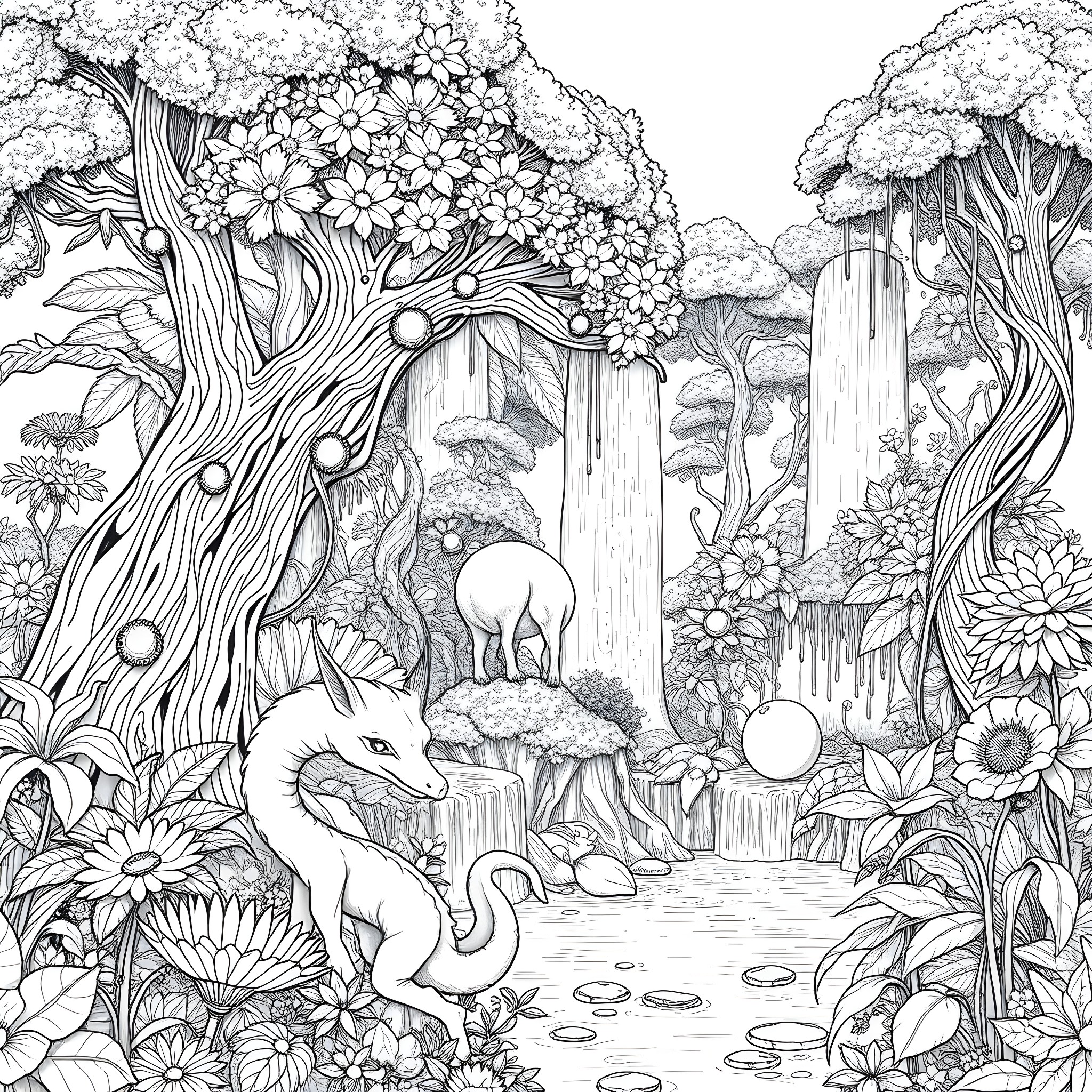 Garden scene with intricate flora and fantasy creatures Coloring Page (free black-and-white line drawing printable PDF for all, from beginners to advanced learners, including children, teens, adults, and seniors)