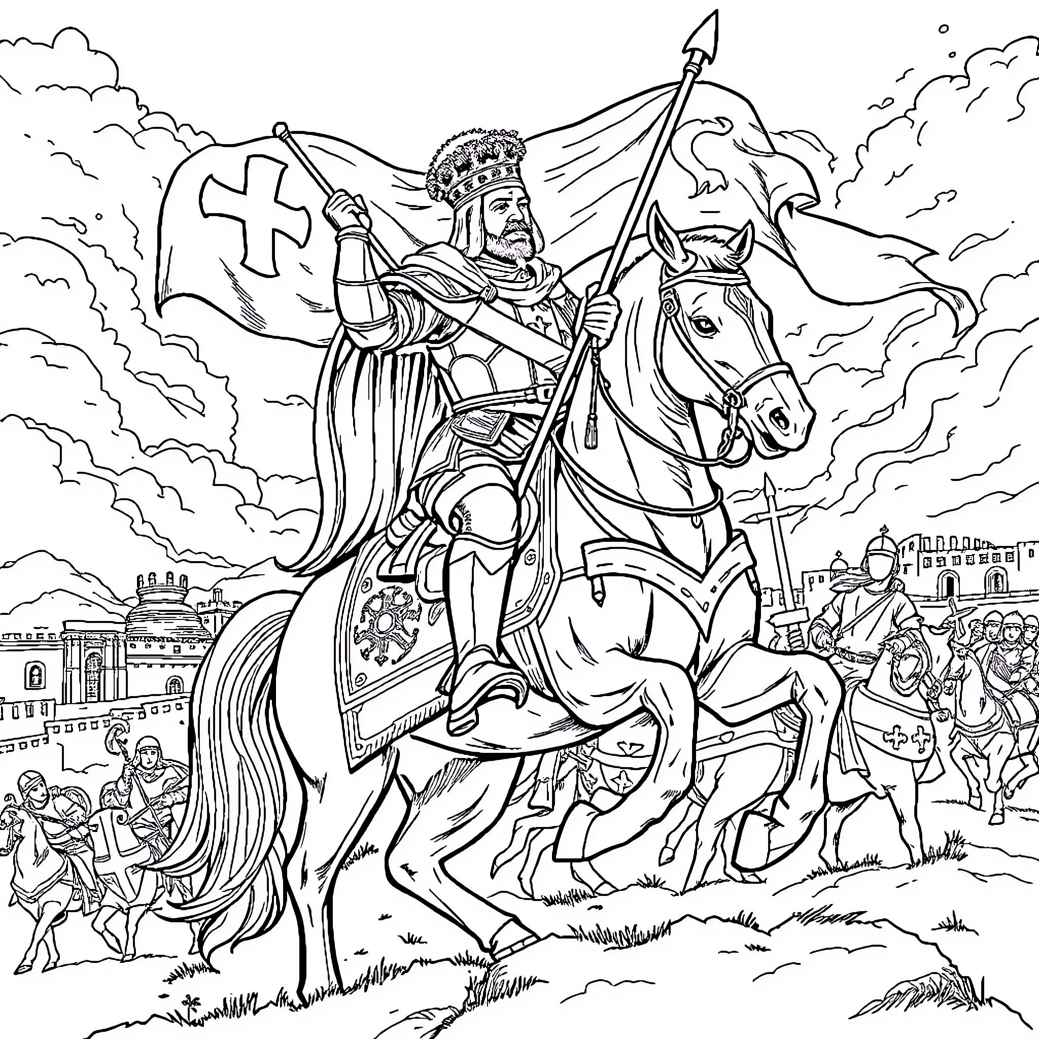 Saint Louis Leading Crusaders in Faithful Battle Coloring Page (free black-and-white line drawing printable PDF for all, from beginners to advanced learners, including children, teens, adults, and seniors)