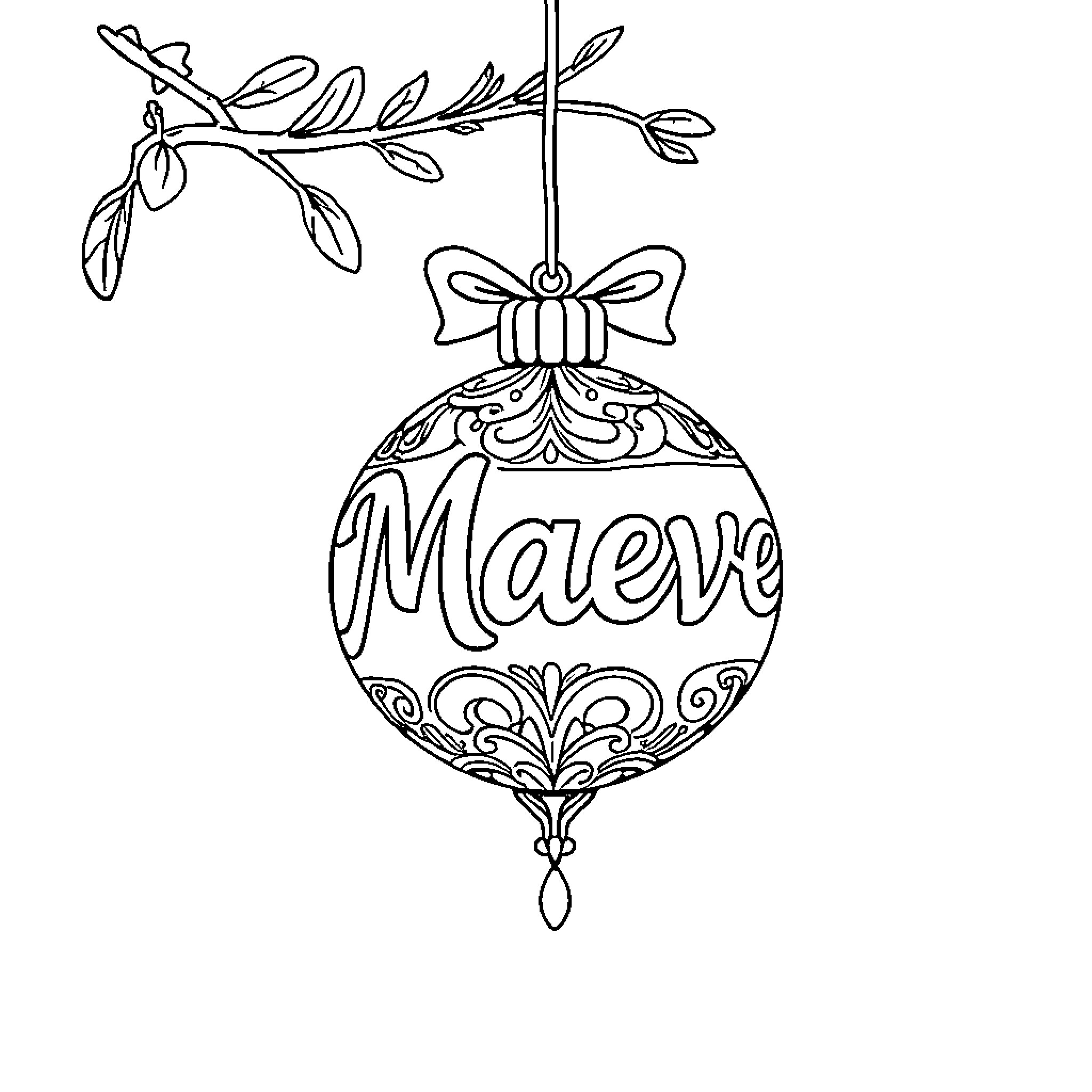 Ornament with festive decorations and name Coloring Page (free black-and-white line drawing printable PDF for all, from beginners to advanced learners, including children, teens, adults, and seniors)