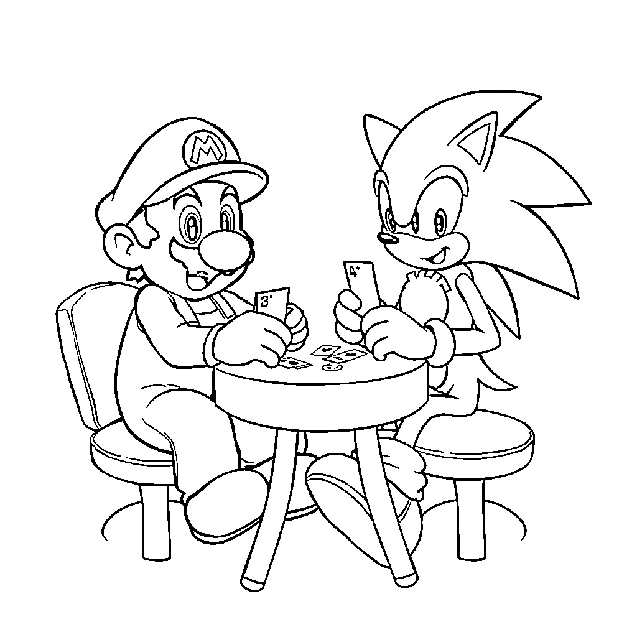 Mario and Sonic playing video games together Coloring Page (free black-and-white line drawing printable PDF for all, from beginners to advanced learners, including children, teens, adults, and seniors)
