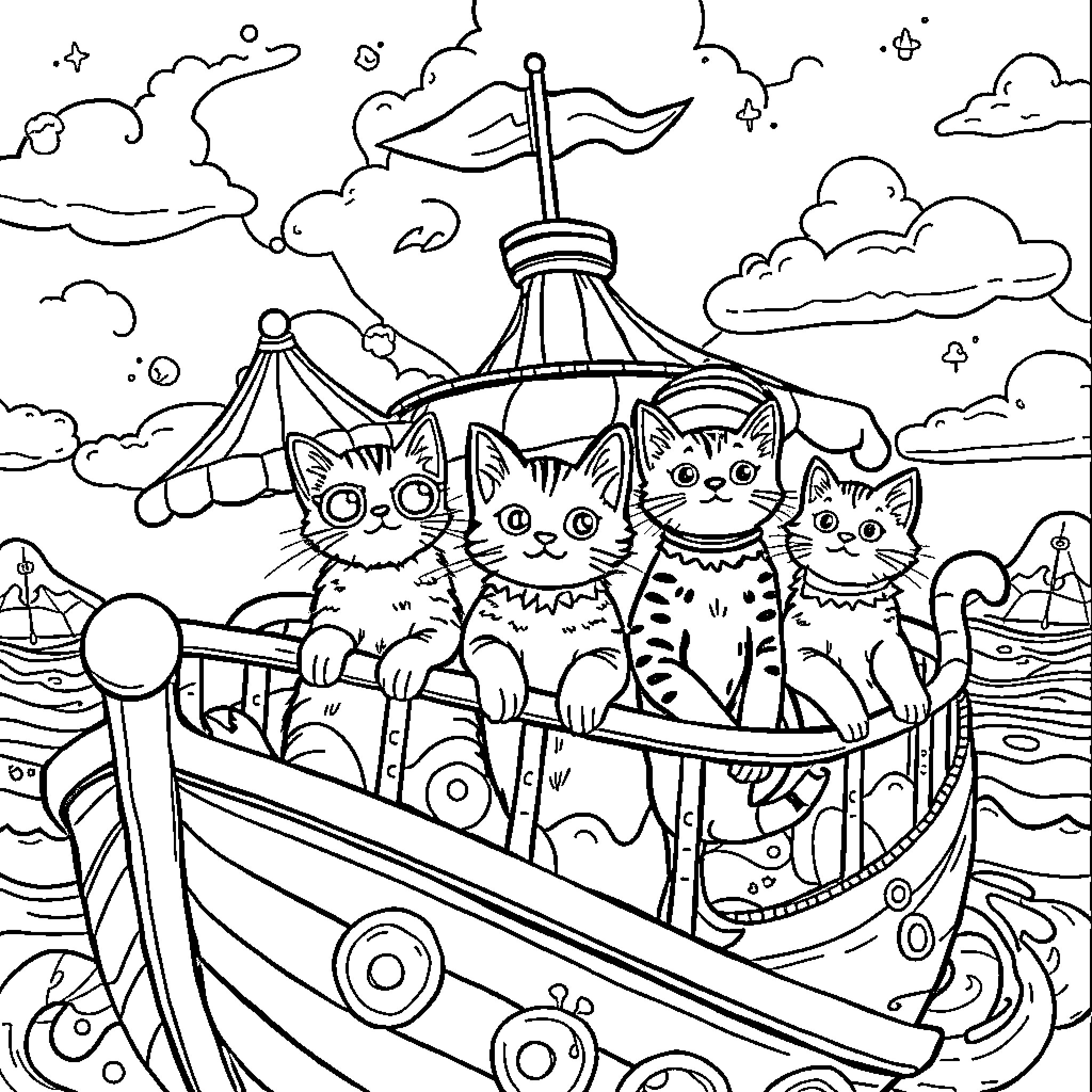 Cat Crew Sailing the High Seas Coloring Page (free black-and-white line drawing printable PDF for all, from beginners to advanced learners, including children, teens, adults, and seniors)