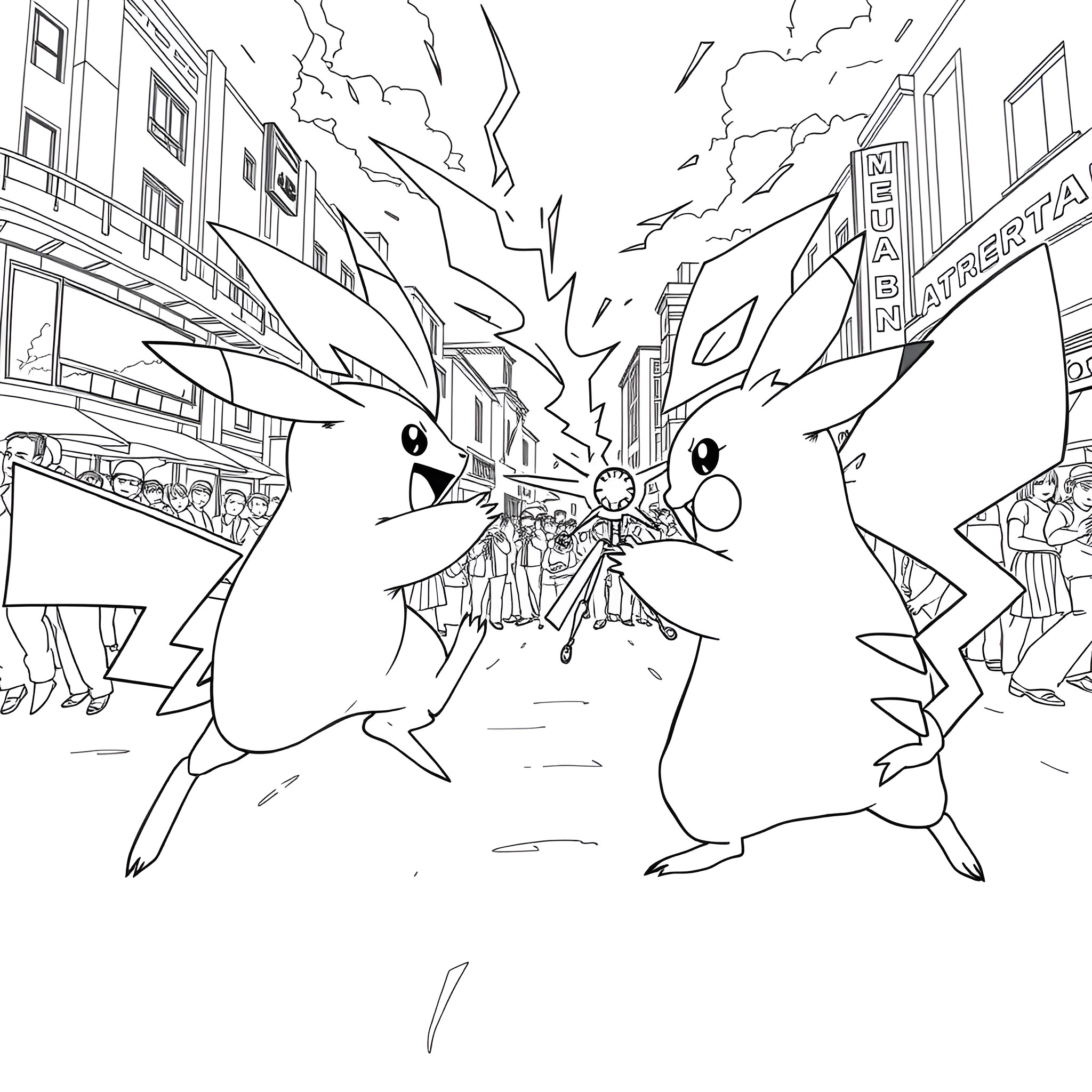 Pikachu battling fiercely in the city streets Coloring Page (free black-and-white line drawing printable PDF for all, from beginners to advanced learners, including children, teens, adults, and seniors)