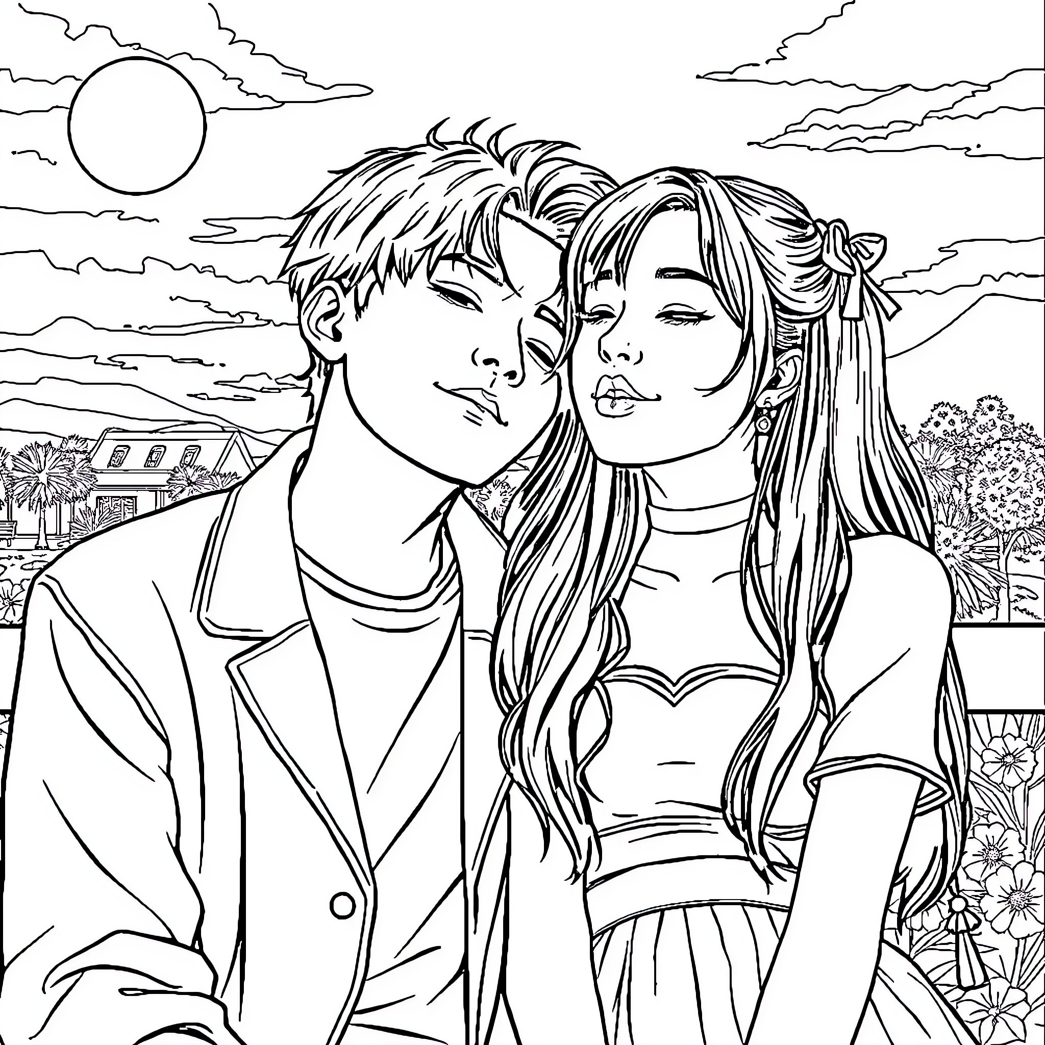 Suga - Romantic Couple in Scenic Outdoors Coloring Page (free black-and-white line drawing printable PDF for all, from beginners to advanced learners, including children, teens, adults, and seniors)