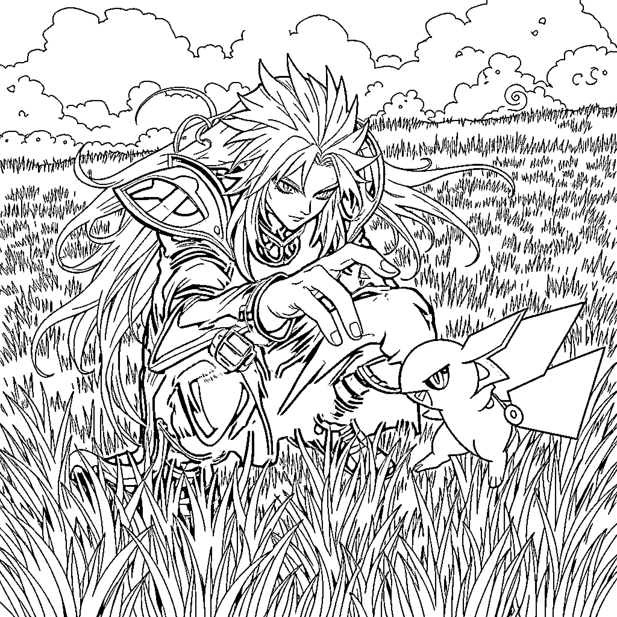 Sephiroth's Fierce Battle in the Wilderness Coloring Page (free black-and-white line drawing printable PDF for all, from beginners to advanced learners, including children, teens, adults, and seniors)