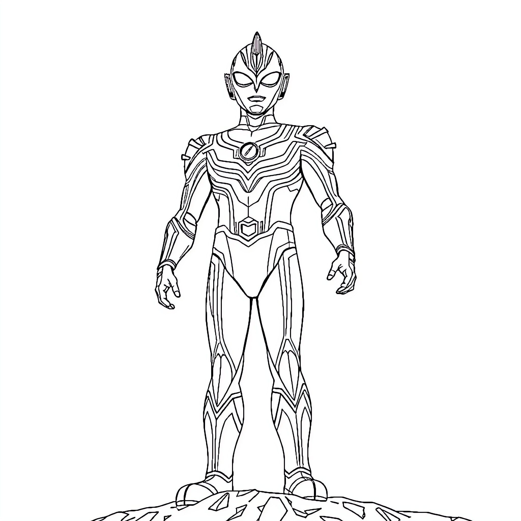 Ultraman standing heroically on rocky terrain Coloring Page (free black-and-white line drawing printable PDF for all, from beginners to advanced learners, including children, teens, adults, and seniors)
