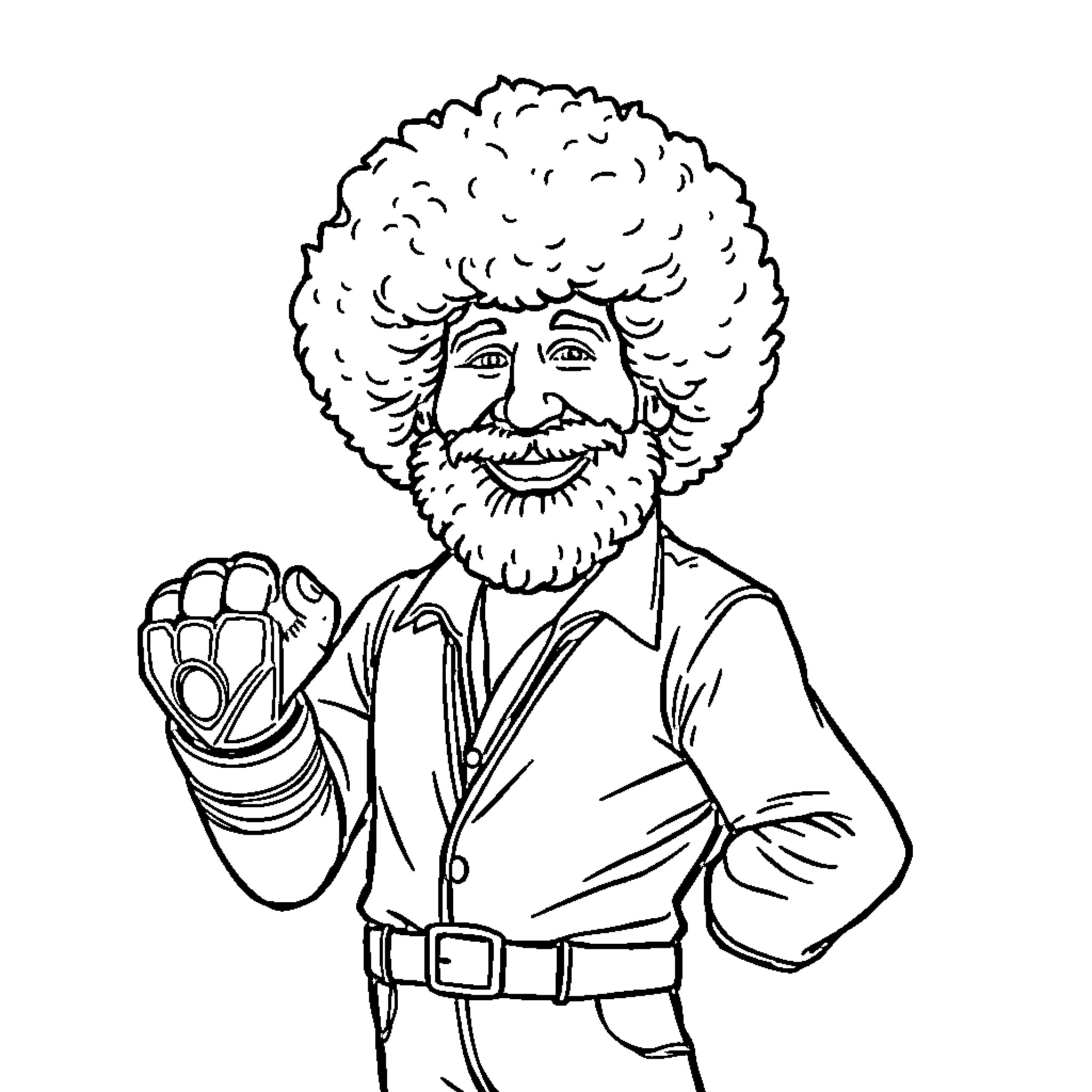 Bob Ross expressing joy and enthusiasm Coloring Page (free black-and-white line drawing printable PDF for all, from beginners to advanced learners, including children, teens, adults, and seniors)