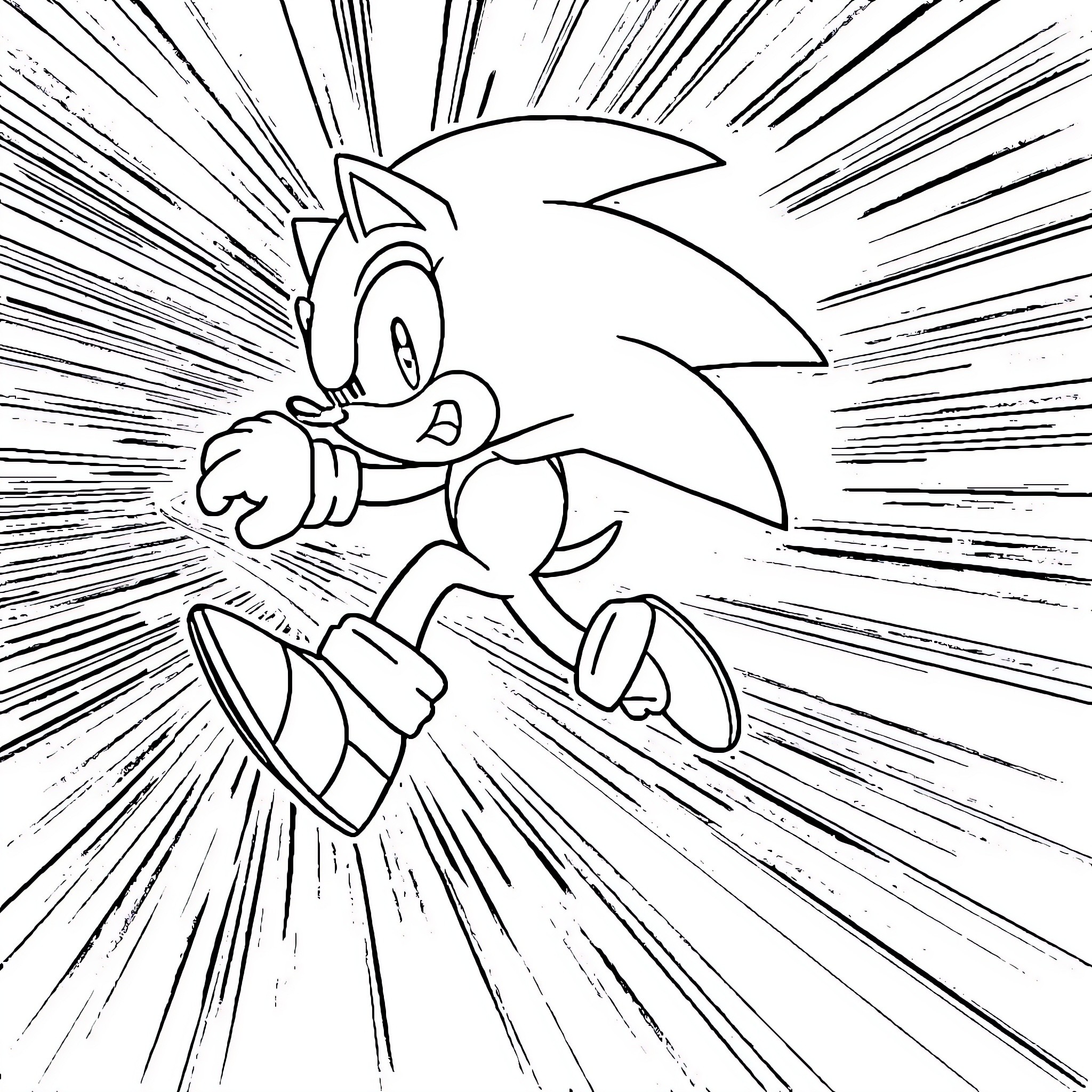 Sonic speeding through a blur of lines Coloring Page (free black-and-white line drawing printable PDF for all, from beginners to advanced learners, including children, teens, adults, and seniors)