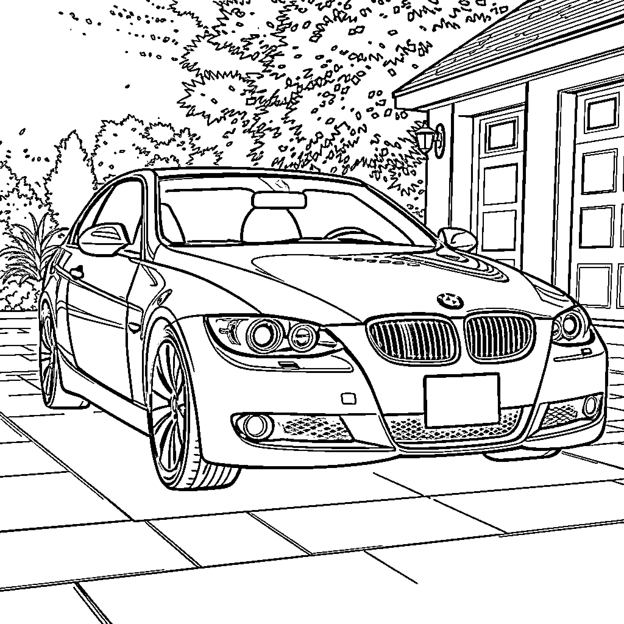 BMW parked gracefully in front of building Coloring Page (free black-and-white line drawing printable PDF for all, from beginners to advanced learners, including children, teens, adults, and seniors)