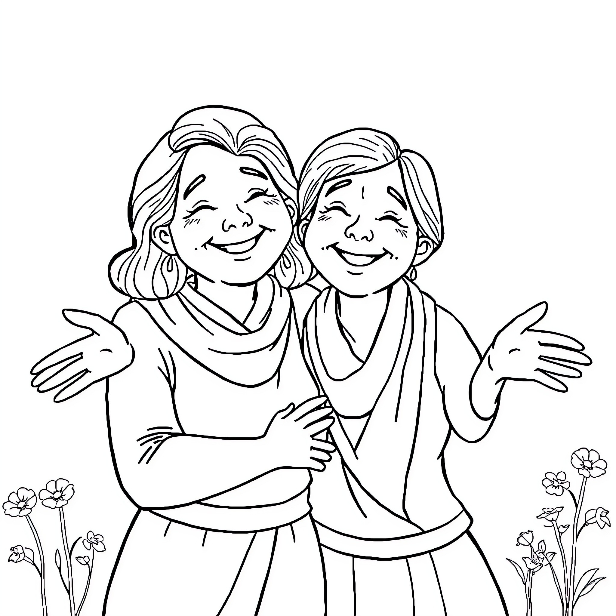 Your Mother and Daughter Embrace with Joy Coloring Page (free black-and-white line drawing printable PDF for all, from beginners to advanced learners, including children, teens, adults, and seniors)