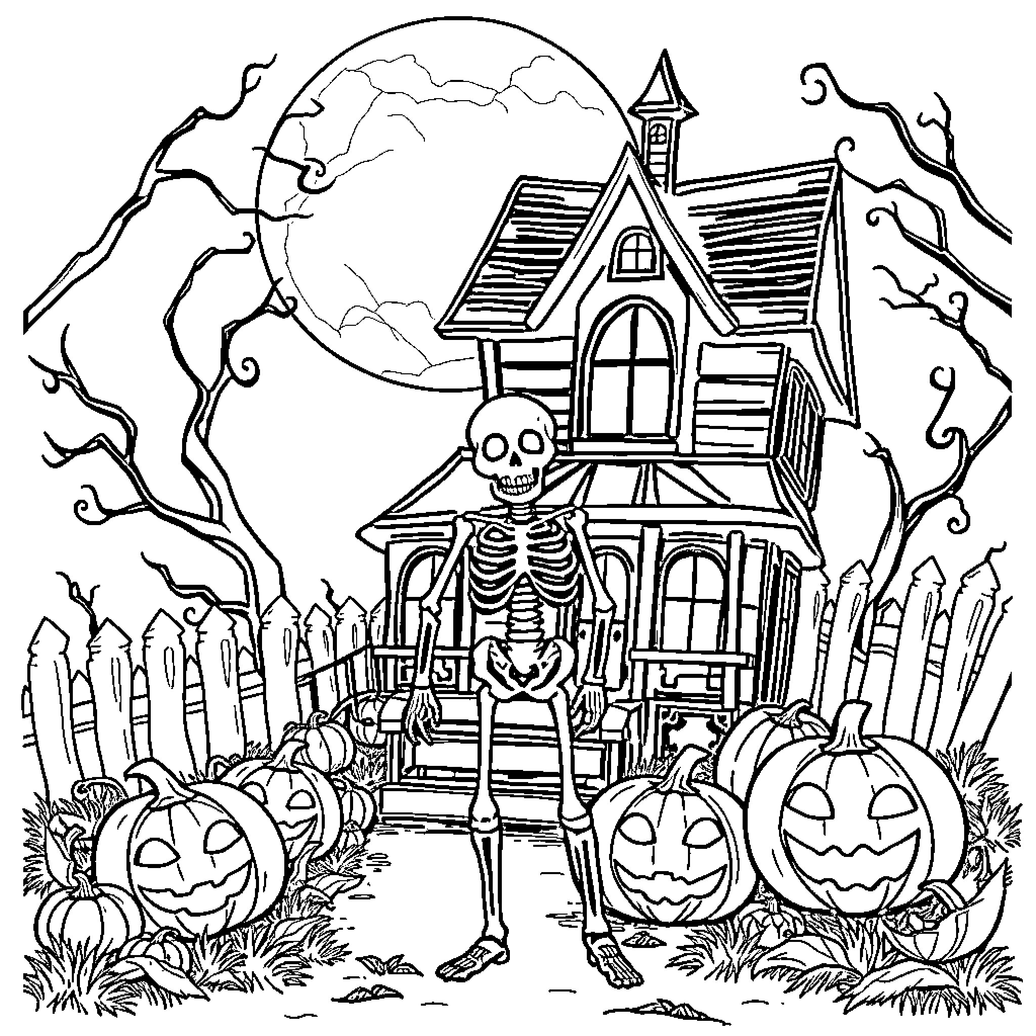 Skeleton Celebrating Halloween in Haunted House Coloring Page (free black-and-white line drawing printable PDF for all, from beginners to advanced learners, including children, teens, adults, and seniors)